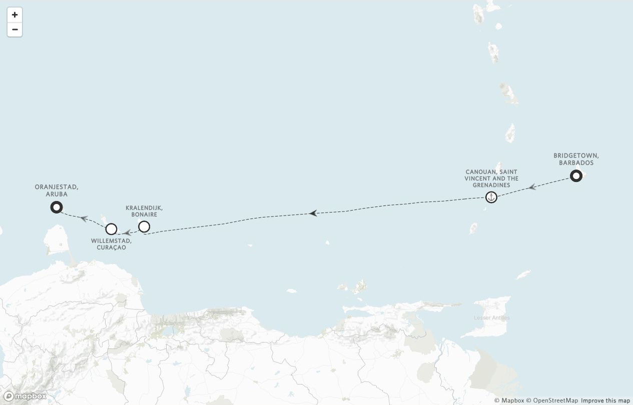 Amangati Voyage AG271215 itinerary route map from Bridgetown, Barbados to Oranjestad, Aruba