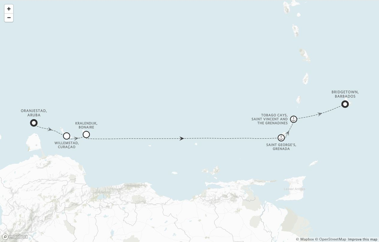 Amangati Voyage AG271220 itinerary route map from Oranjestad, Aruba to Bridgetown, Barbados