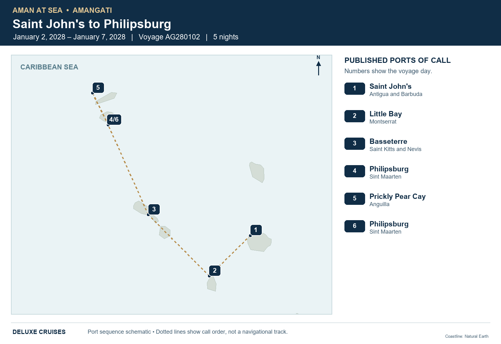 Amangati Voyage AG280102 itinerary route map from Saint John's, Antigua and Barbuda to Philipsburg, Sint Maarten