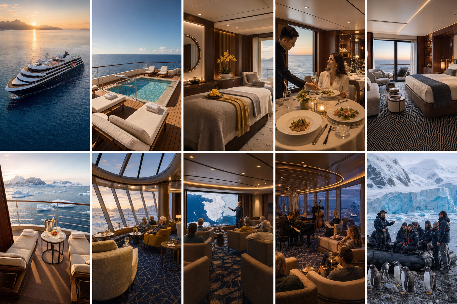 Atlas Ocean Voyages luxury cruise inspiration across ship, suite, dining, wellness, enrichment, and Antarctica experiences