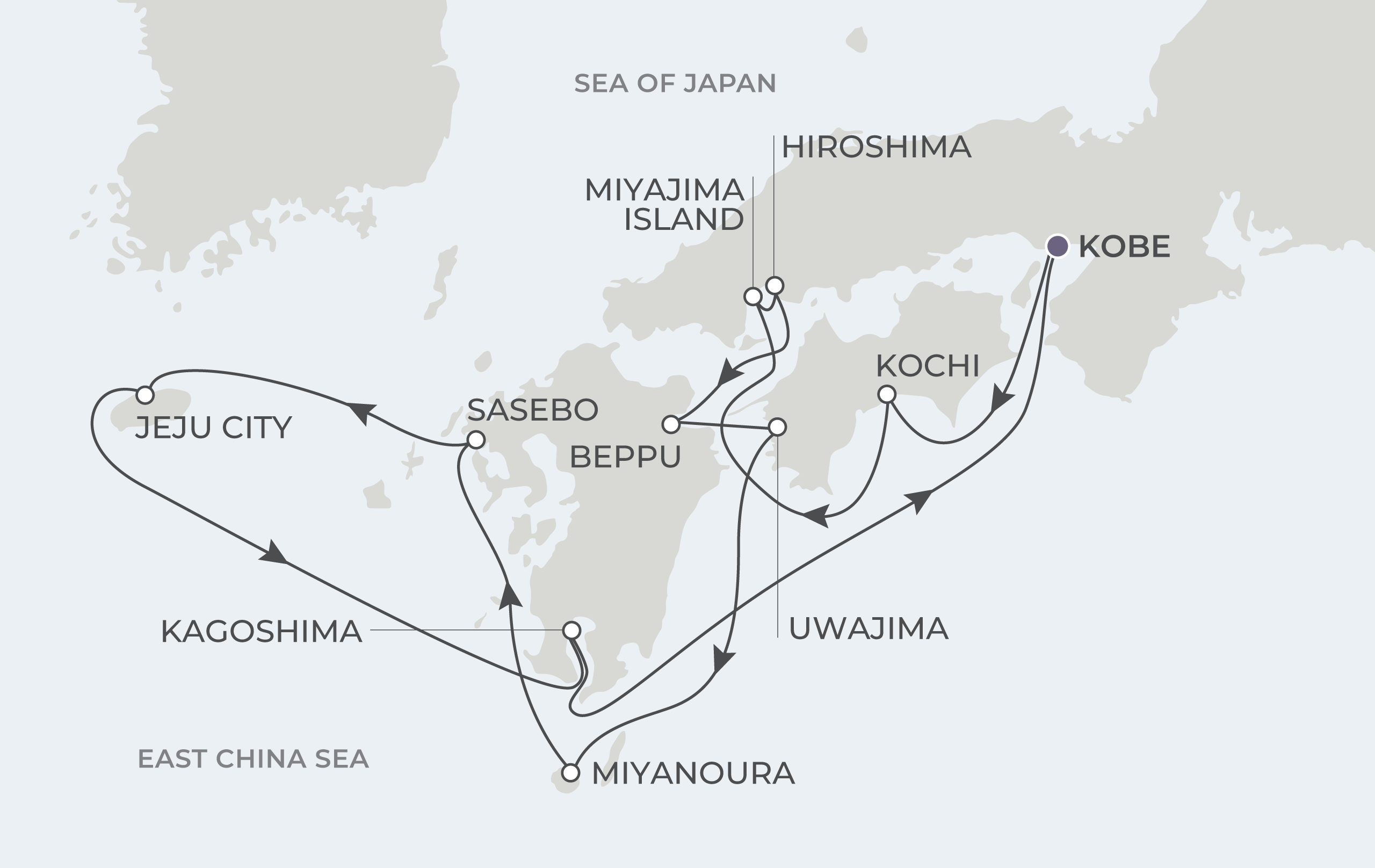 Atlas Adventurer Voyage AAV281106 November 6-18, 2028 itinerary route map from Kobe (Osaka), Japan to Kobe (Osaka), Japan