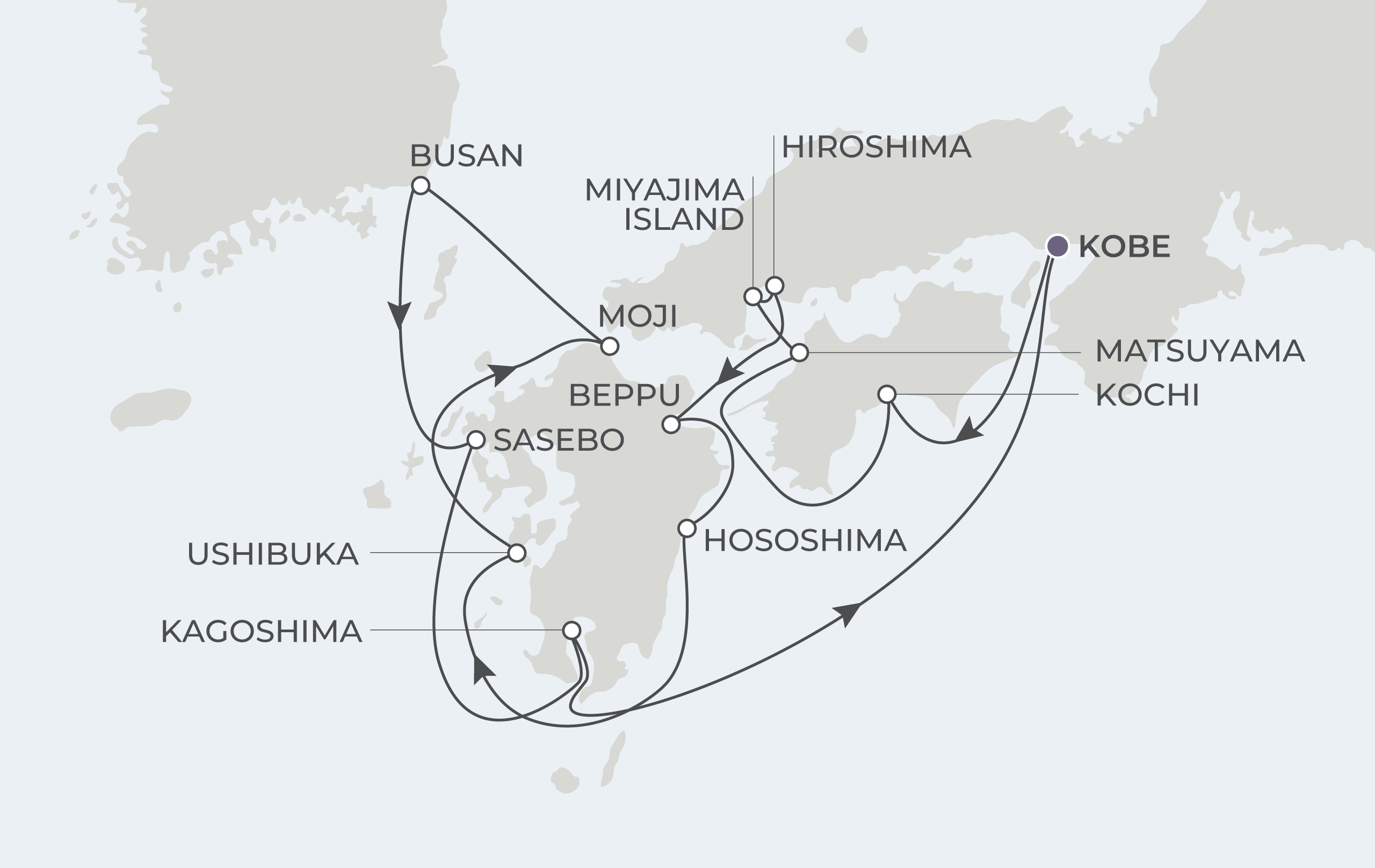 Atlas Adventurer Voyage AAV281118 November 18-30, 2028 itinerary route map from Kobe (Osaka), Japan to Kobe (Osaka), Japan