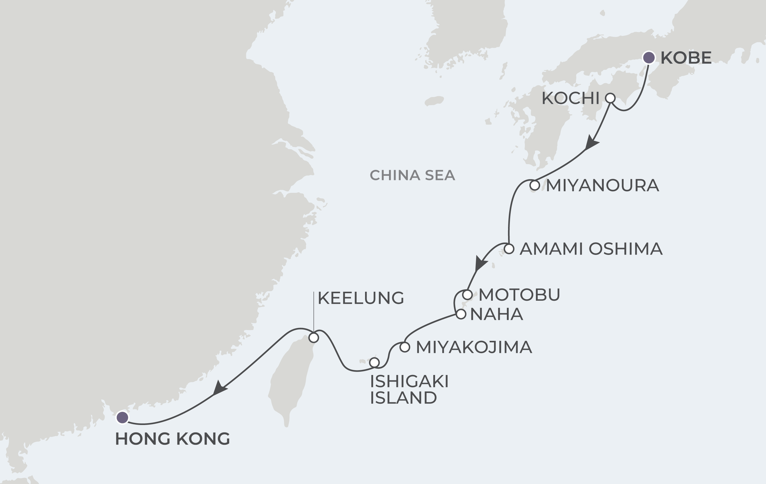Atlas Adventurer Voyage AAV281130 November 30-December 10, 2028 itinerary route map from Kobe (Osaka), Japan   to Hong Kong, China 