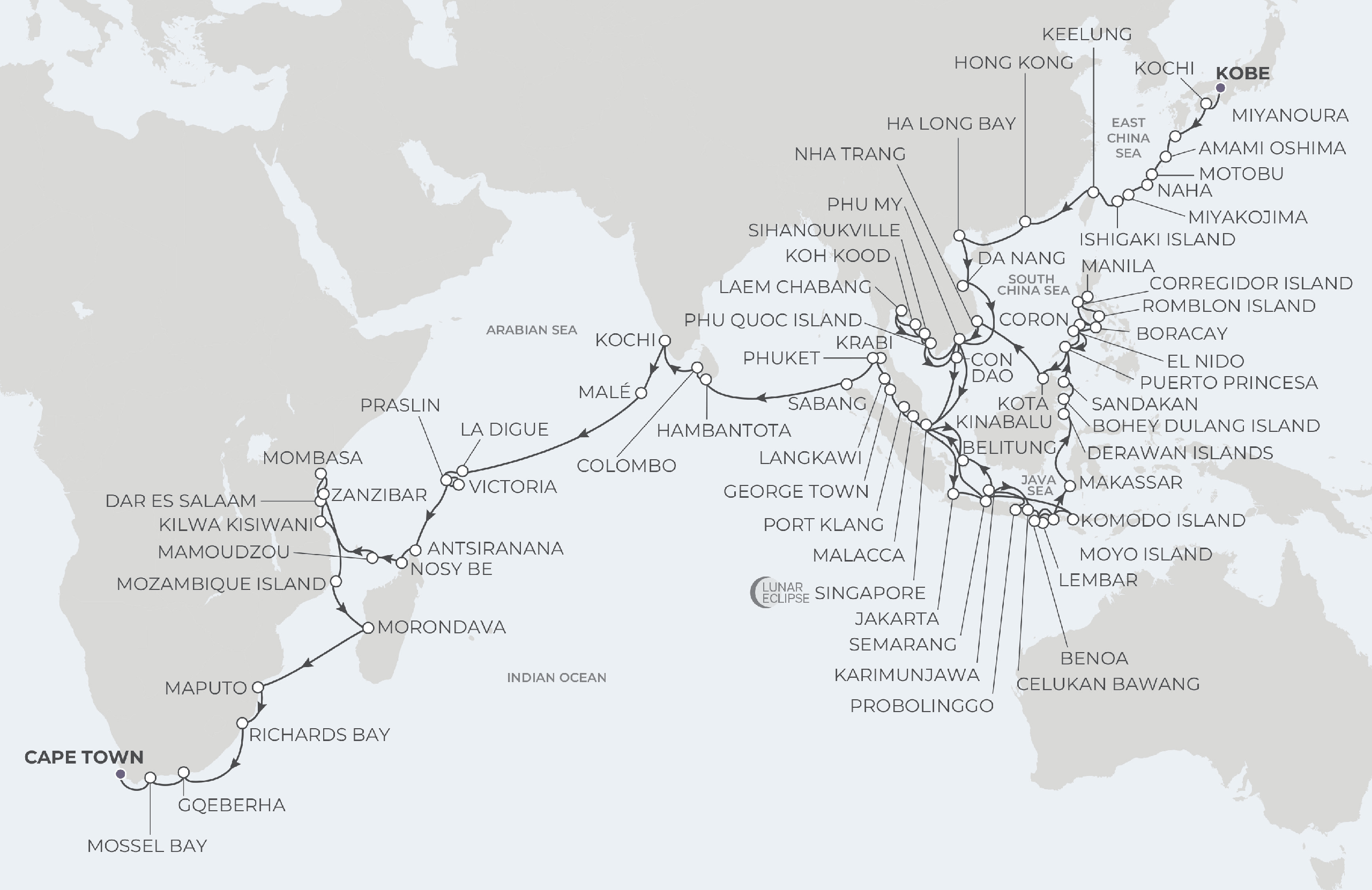 Atlas Adventurer Voyage AAV281130EE November 30, 2028-April 7, 2029 itinerary route map from Kobe (Osaka), Japan to Cape Town, South Africa