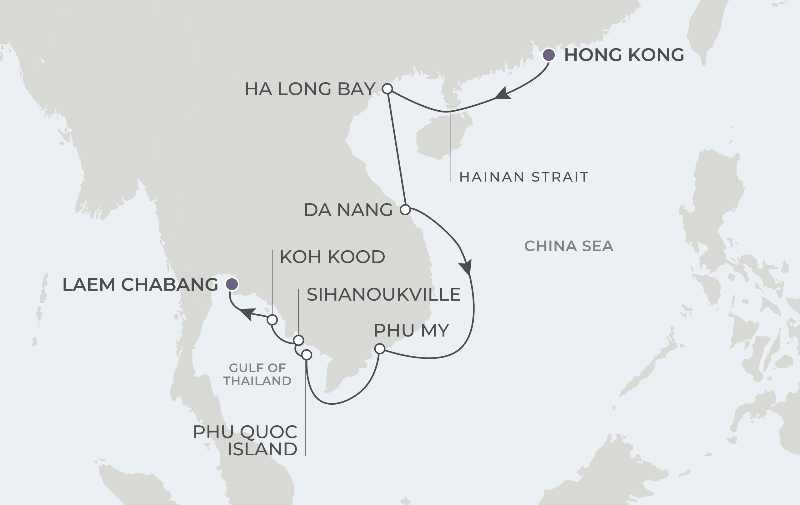 Atlas Adventurer Voyage AAV281210 December 10-23, 2028 itinerary route map from Hong Kong, China  to Laem Chabang (Bangkok), Thailand