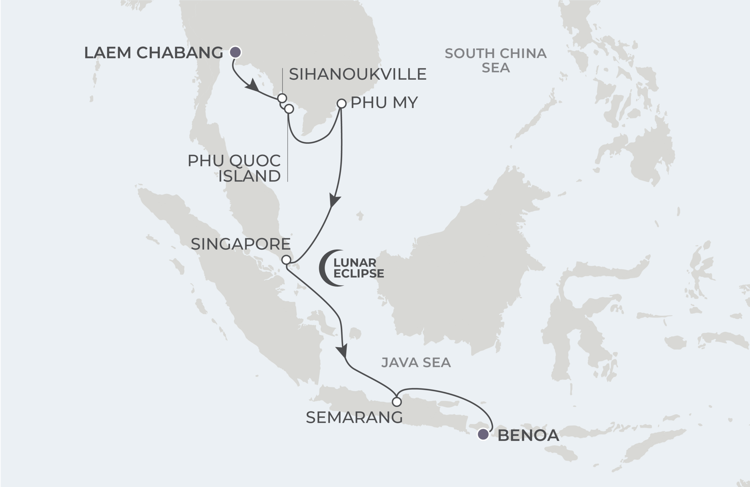 Atlas Adventurer Voyage AAV281223 December 23, 2028-January 6, 2029 itinerary route map from Laem Chabang (Bangkok), Thailand to Benoa (Bali), Indonesia