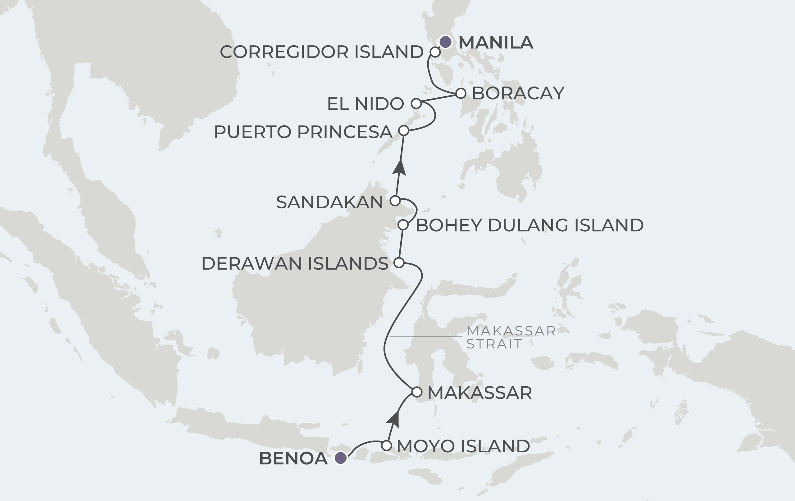 Atlas Adventurer Voyage AAV290106 January 6-19, 2029 itinerary route map from Benoa (Bali), Indonesia to Manila, Philippines