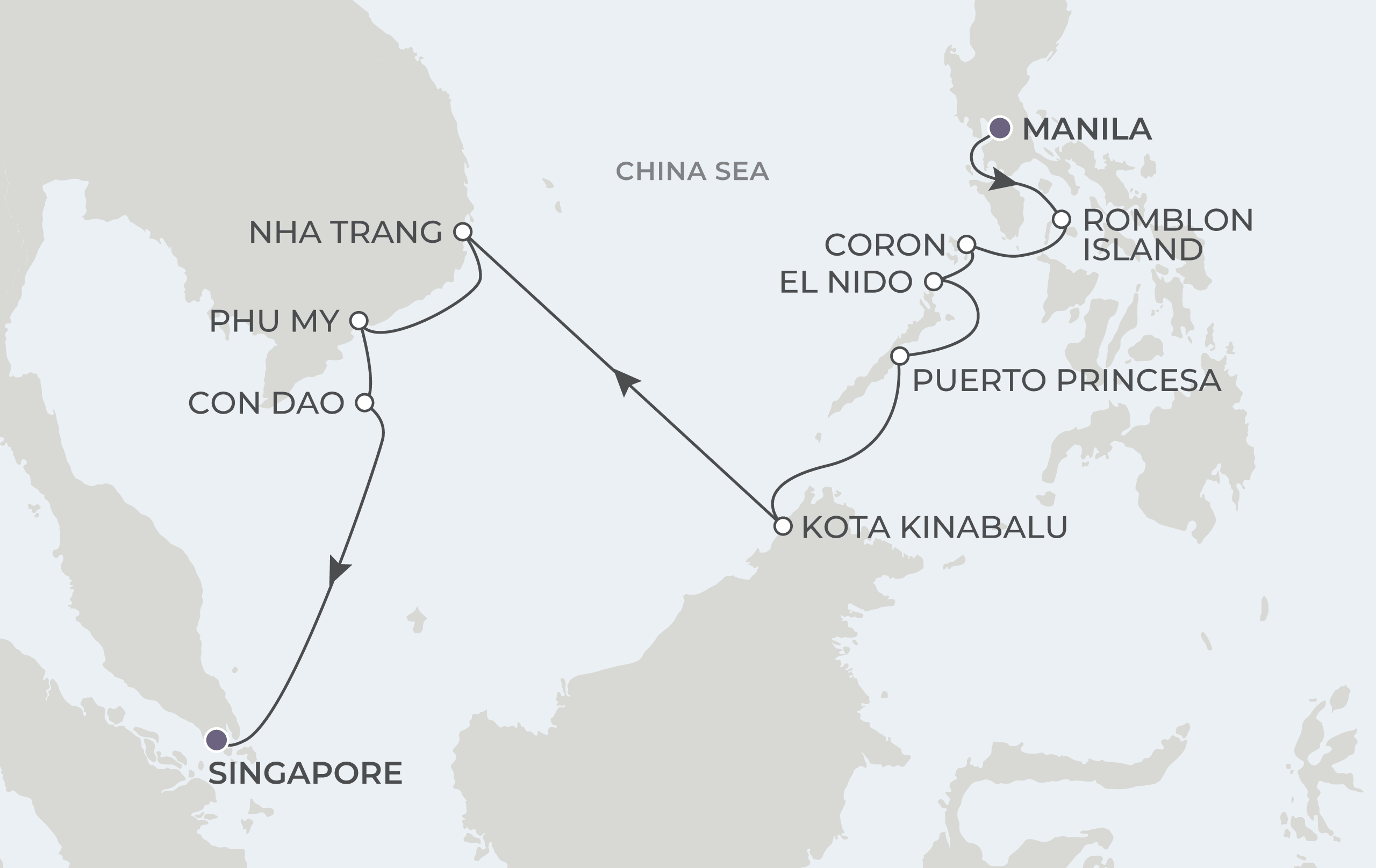 Atlas Adventurer Voyage AAV290119 January 19-February 1, 2029 itinerary route map from Manila, Philippines to Singapore, Singapore