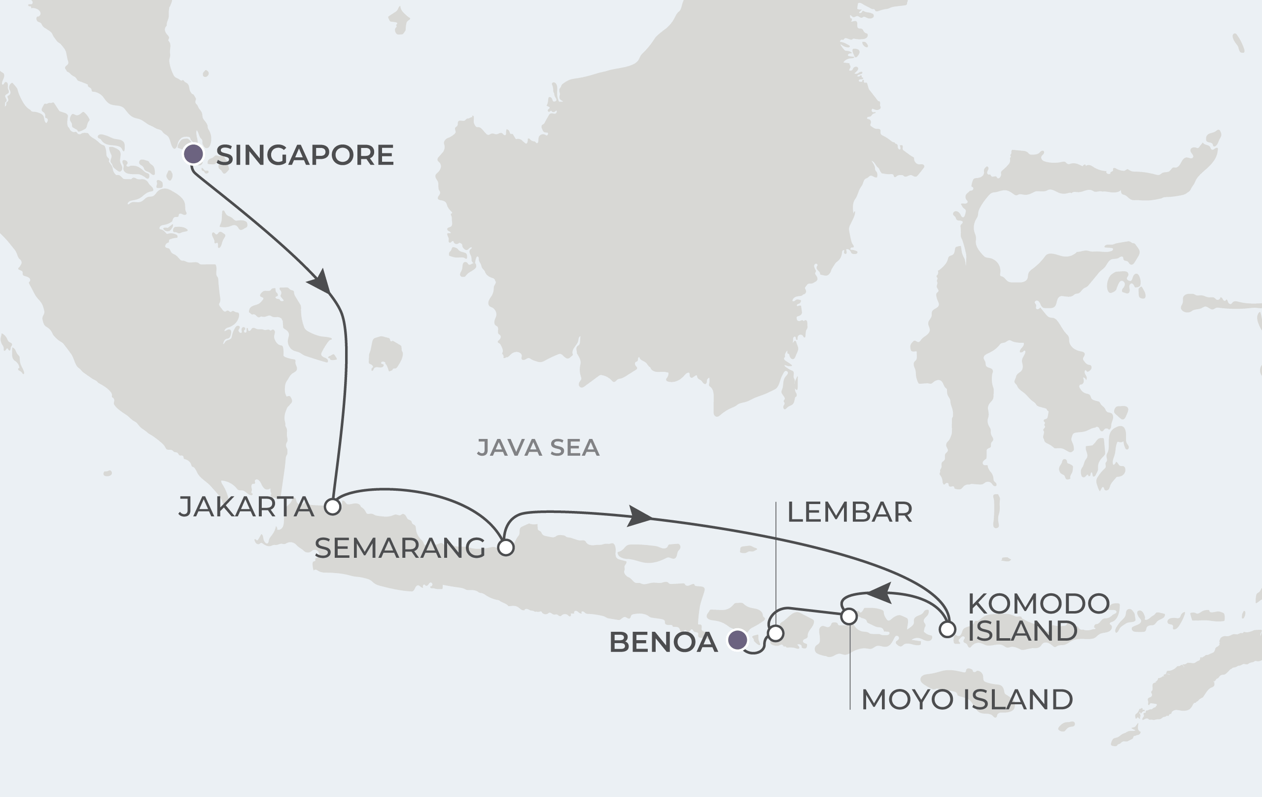 Atlas Adventurer Voyage AAV290201 February 1-10, 2029 itinerary route map from Singapore, Singapore to Benoa (Bali), Indonesia