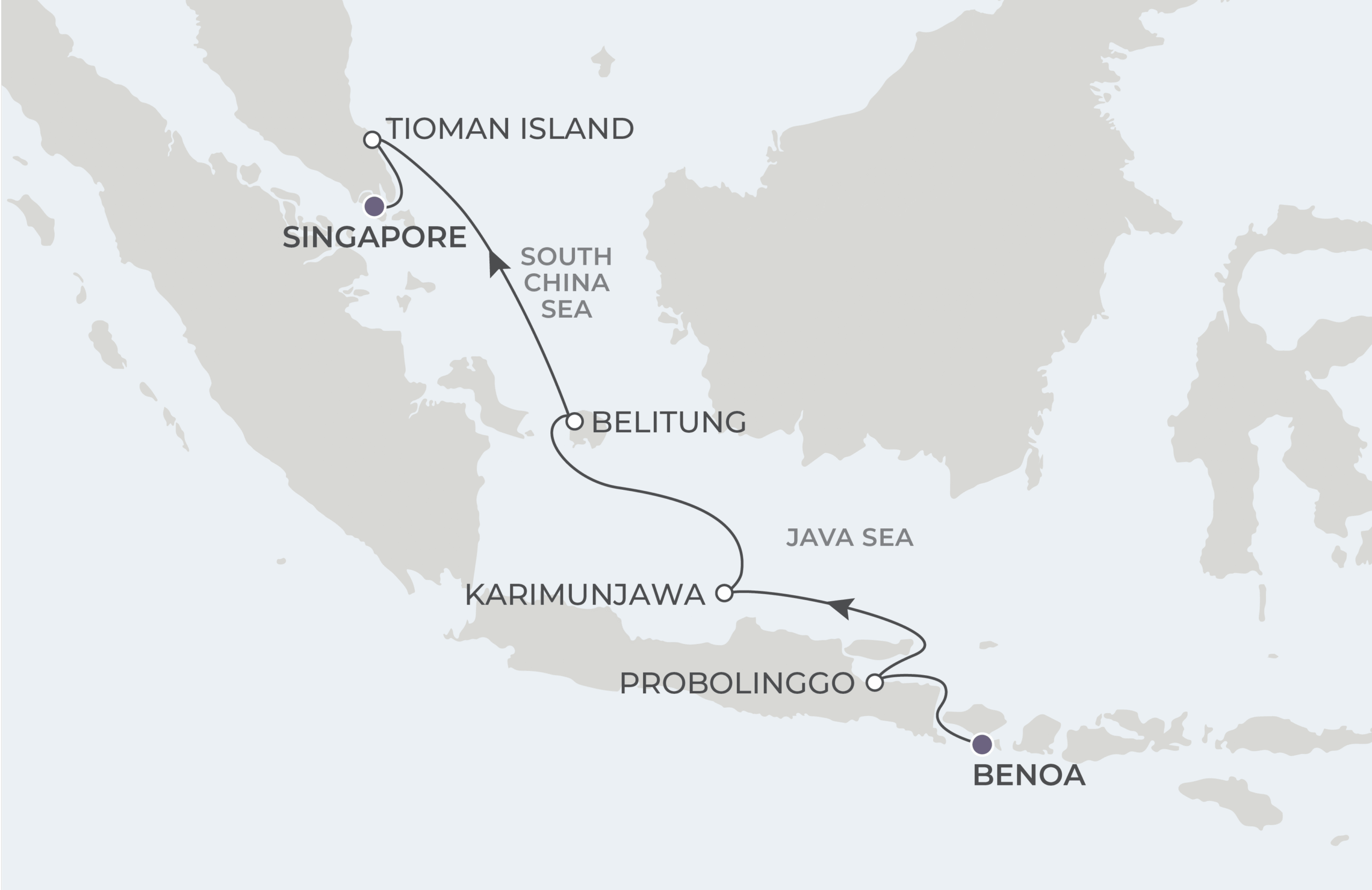 Atlas Adventurer Voyage AAV290210 February 10-18, 2029 itinerary route map from Benoa (Bali), Indonesia to Singapore, Singapore