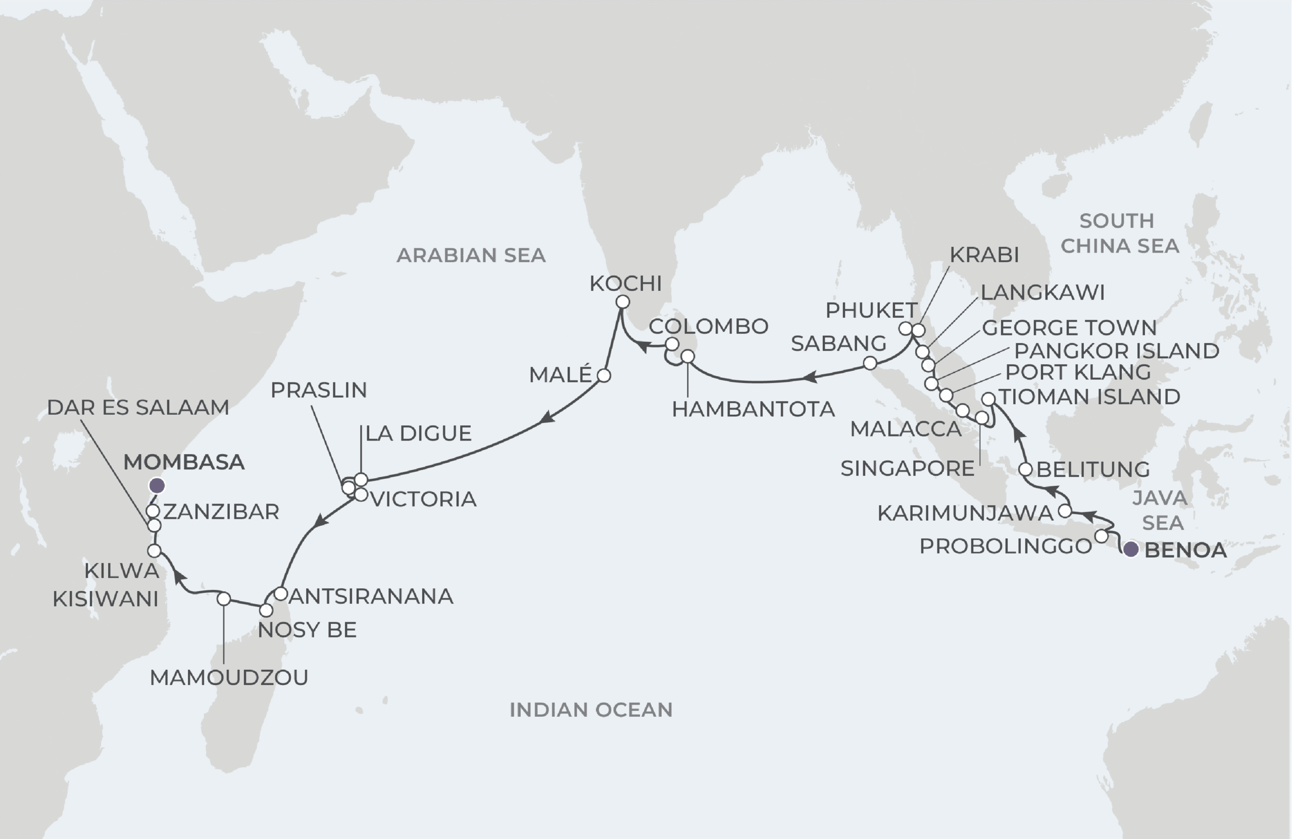 Atlas Adventurer Voyage AAV290210EE February 10-March 24, 2029 itinerary route map from Benoa (Bali), Indonesia to Mombasa, Kenya