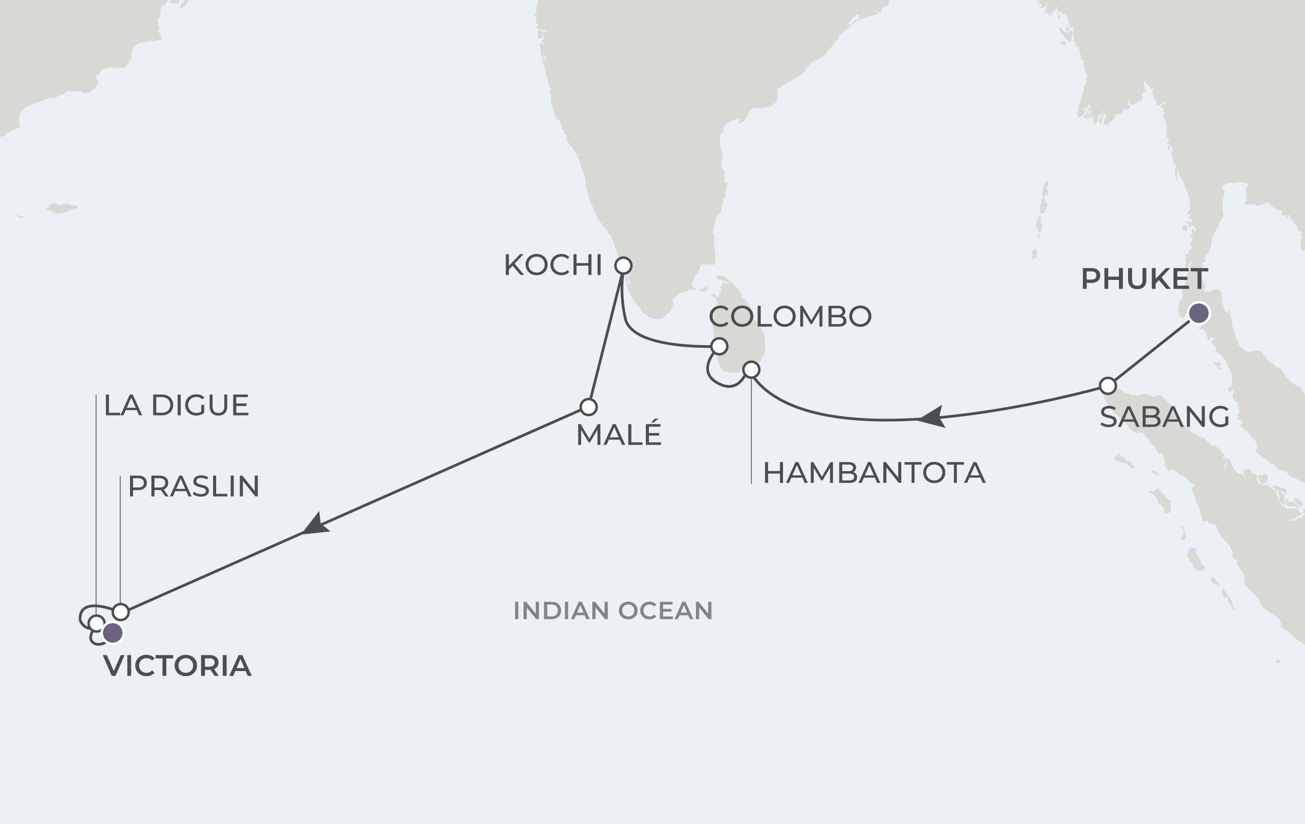 Atlas Adventurer Voyage AAV290227 February 27-March 14, 2029 itinerary route map from Phuket, Thailand to Victoria (Mahé), Seychelles