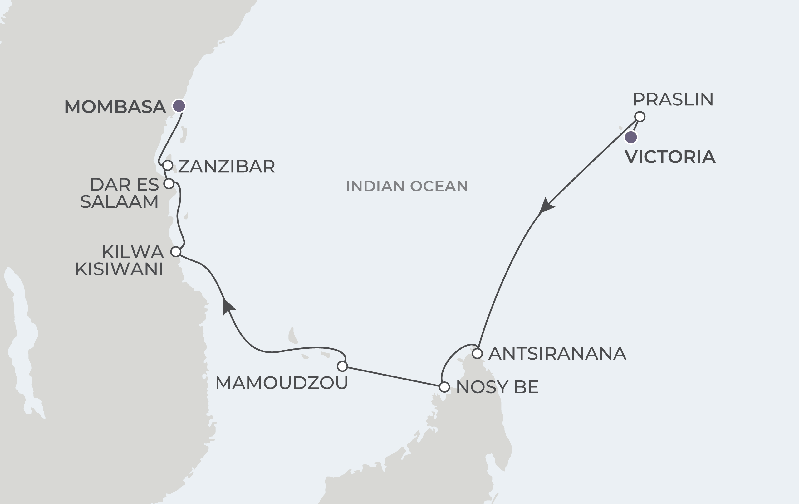 Atlas Adventurer Voyage AAV290314 March 14-24, 2029 itinerary route map from Victoria (Mahé), Seychelles to Mombasa, Kenya