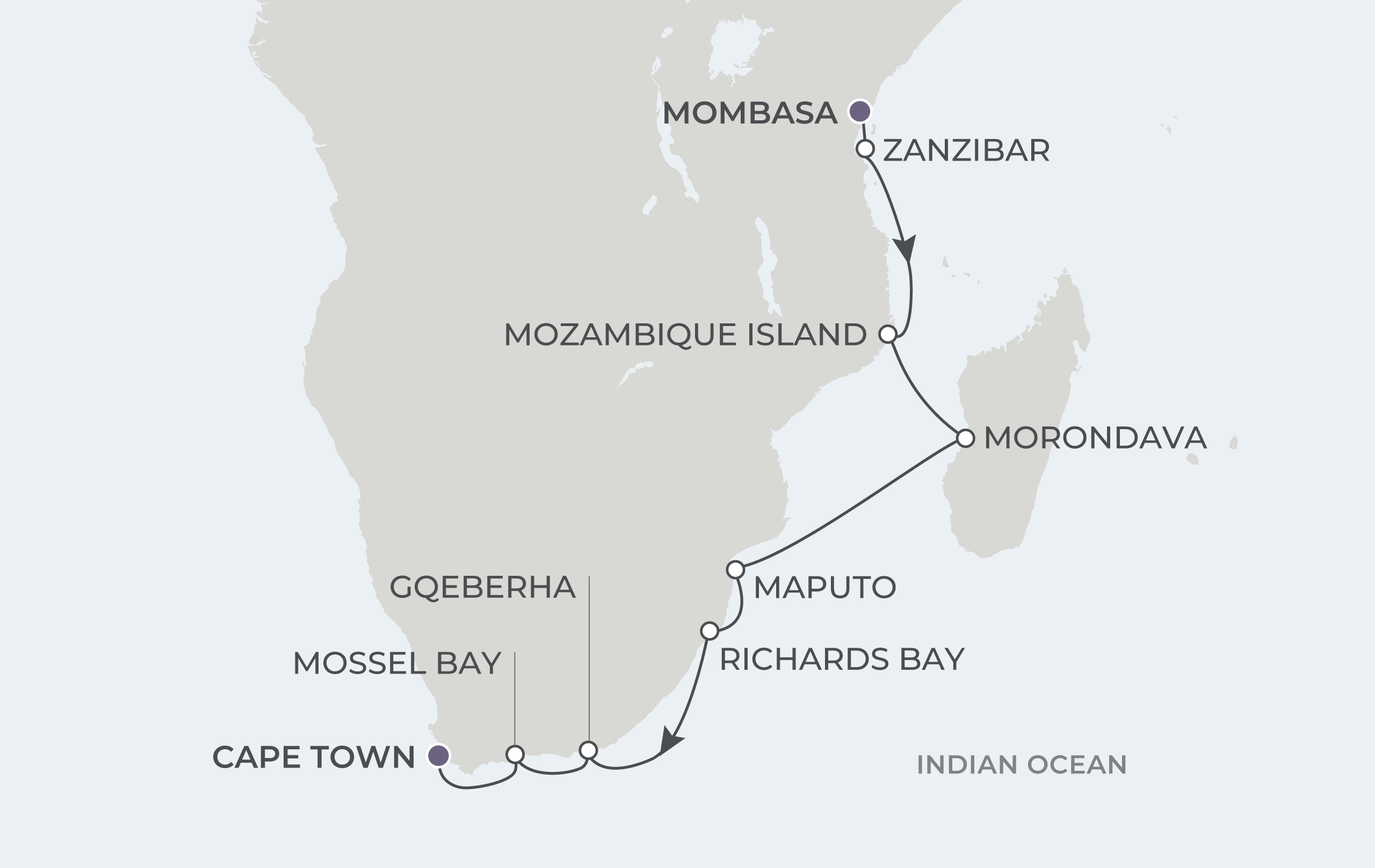Atlas Adventurer Voyage AAV290324 March 24-April 7, 2029 itinerary route map from Mombasa, Kenya to Cape Town, South Africa