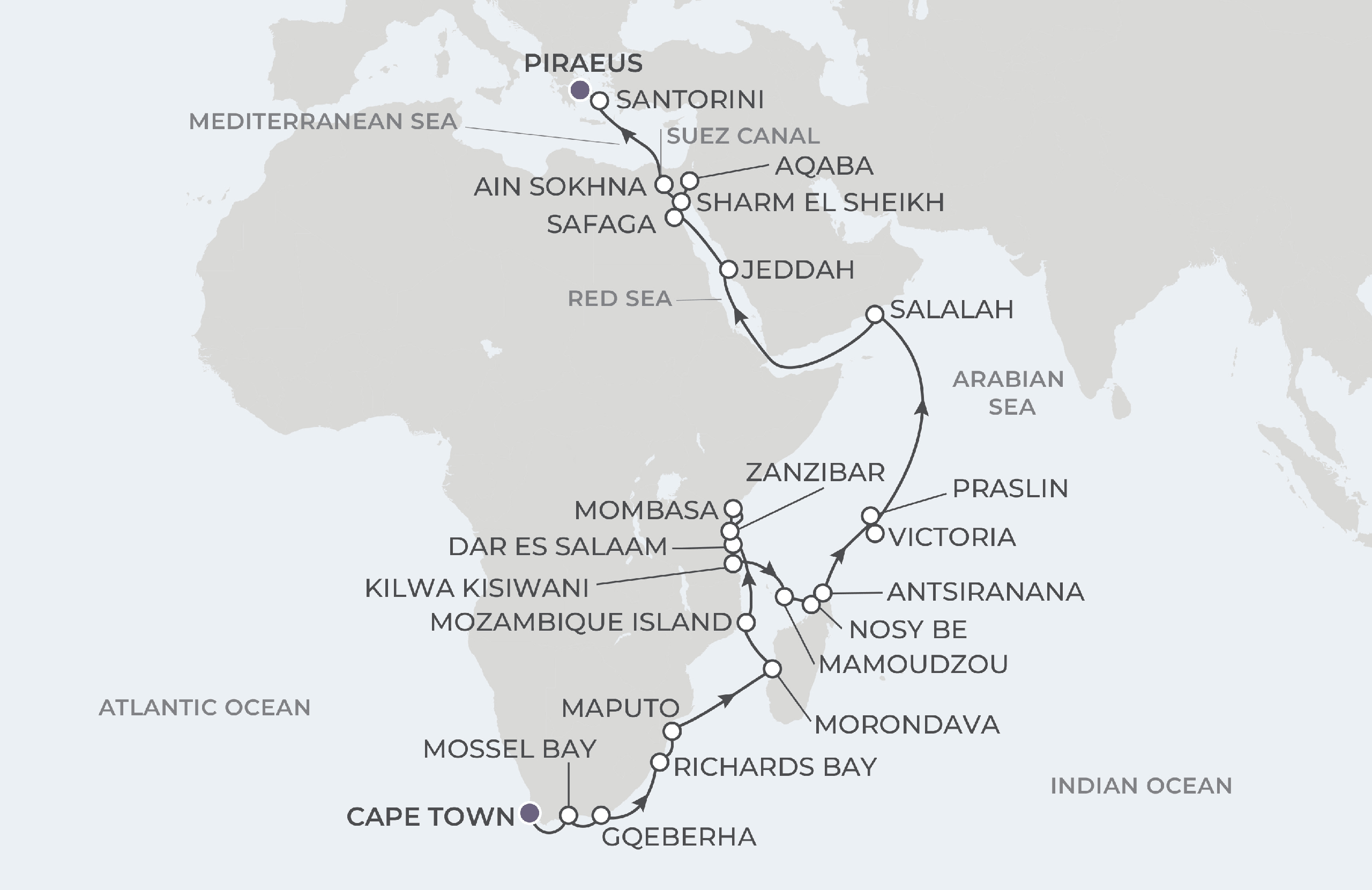 Atlas Adventurer Voyage AAV290407EE April 7-May 22, 2029 itinerary route map from Cape Town, South Africa to Piraeus (Athens), Greece