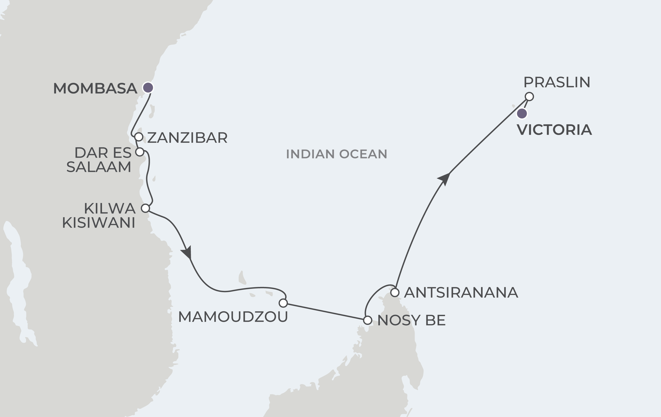 Atlas Adventurer Voyage AAV290421 April 21-May 1, 2029 itinerary route map from Mombasa, Kenya to Victoria (Mahé), Seychelles