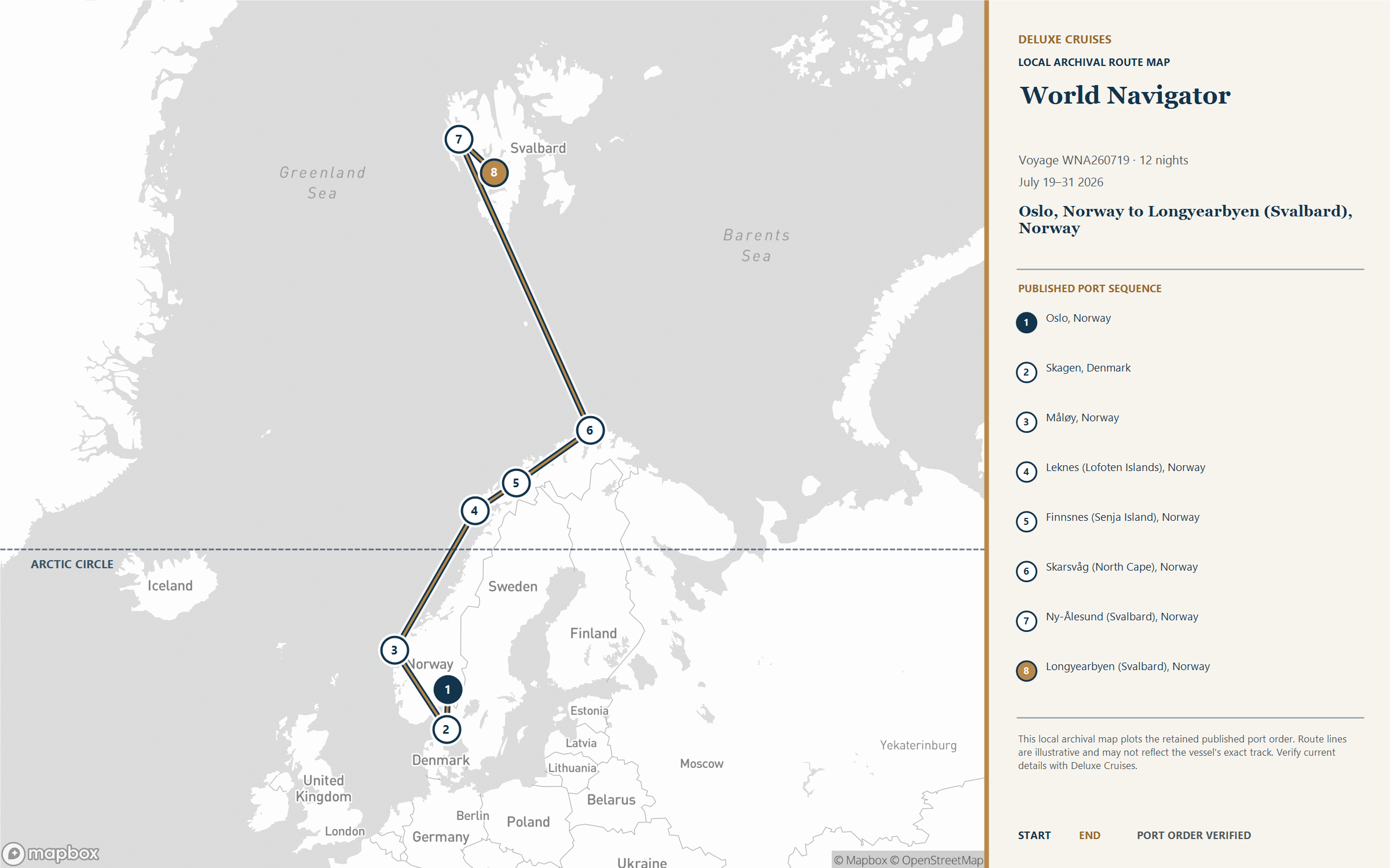 World Navigator Voyage WNA260719 July 19-31, 2026 itinerary route map from Oslo, Norway to Longyearbyen (Svalbard), Norway