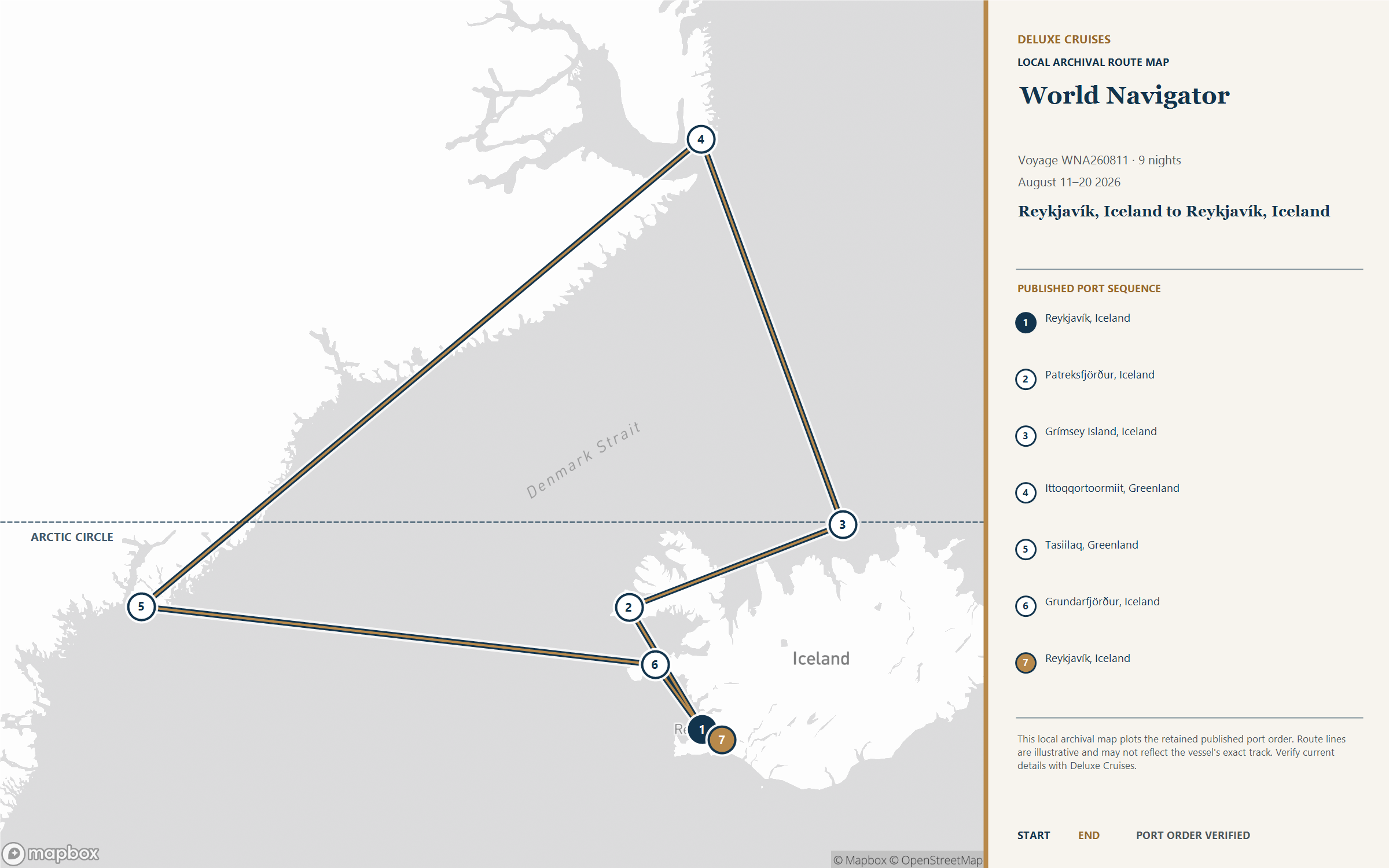 World Navigator Voyage WNA260811 August 11-20, 2026 itinerary route map from Reykjavík, Iceland to Reykjavík, Iceland