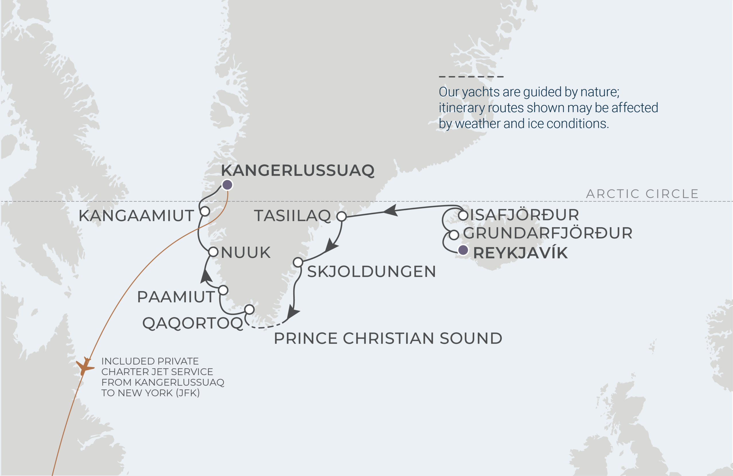 World Navigator Voyage WNA260820 August 20-31, 2026 itinerary route map from Reykjavík, Iceland to Kangerlussuaq, Greenland
