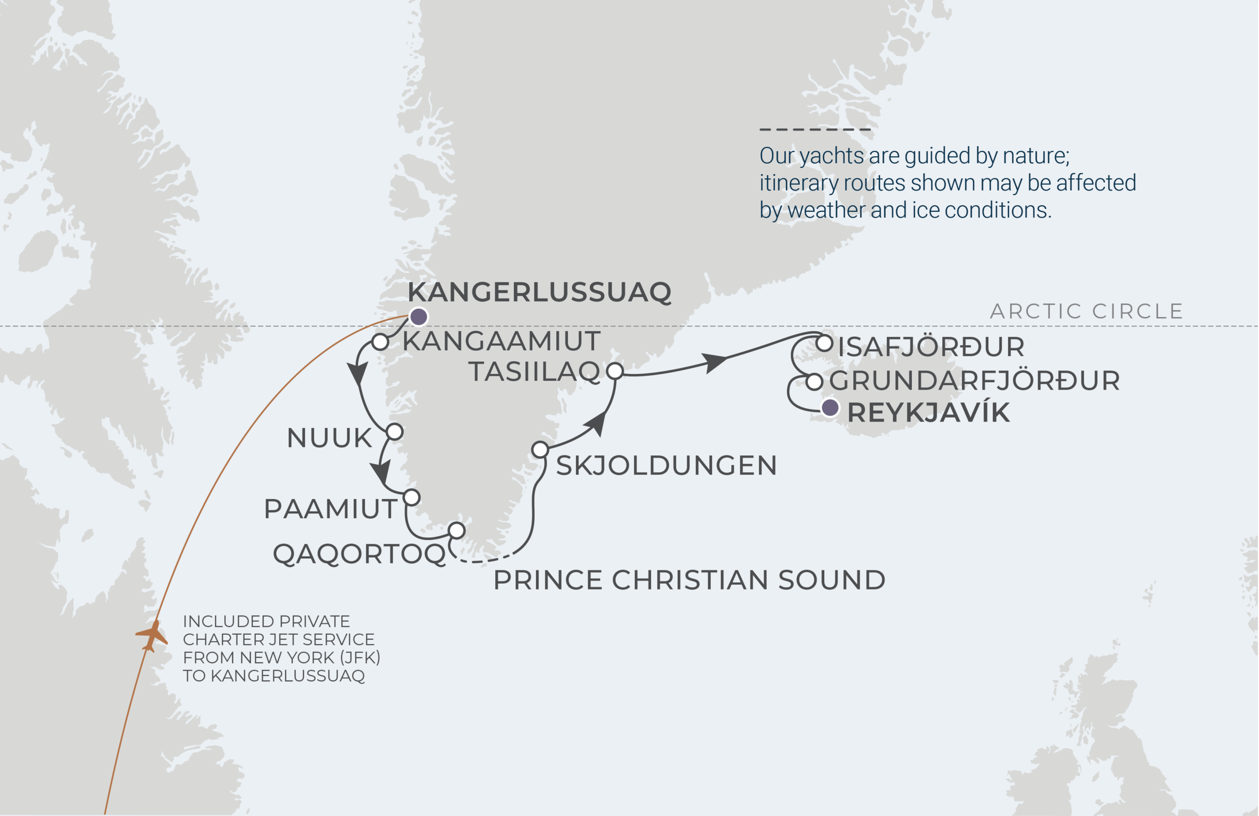 World Navigator Voyage WNA260831 August 31-September 11, 2026 itinerary route map from Kangerlussuaq, Greenland to Reykjavík, Iceland