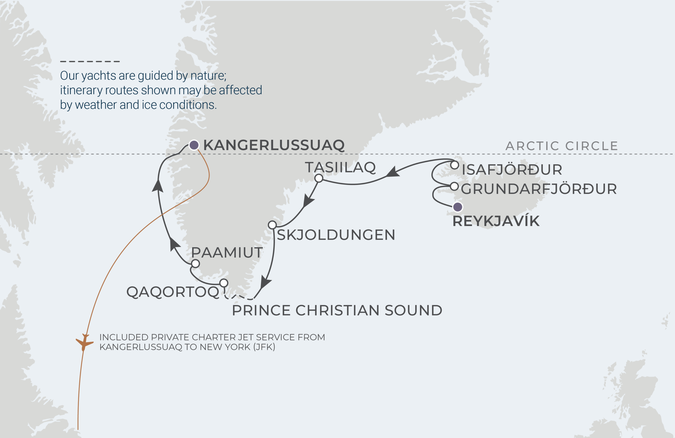 World Navigator Voyage WNA260911 September 11-21, 2026 itinerary route map from Reykjavík, Iceland to Kangerlussuaq, Greenland