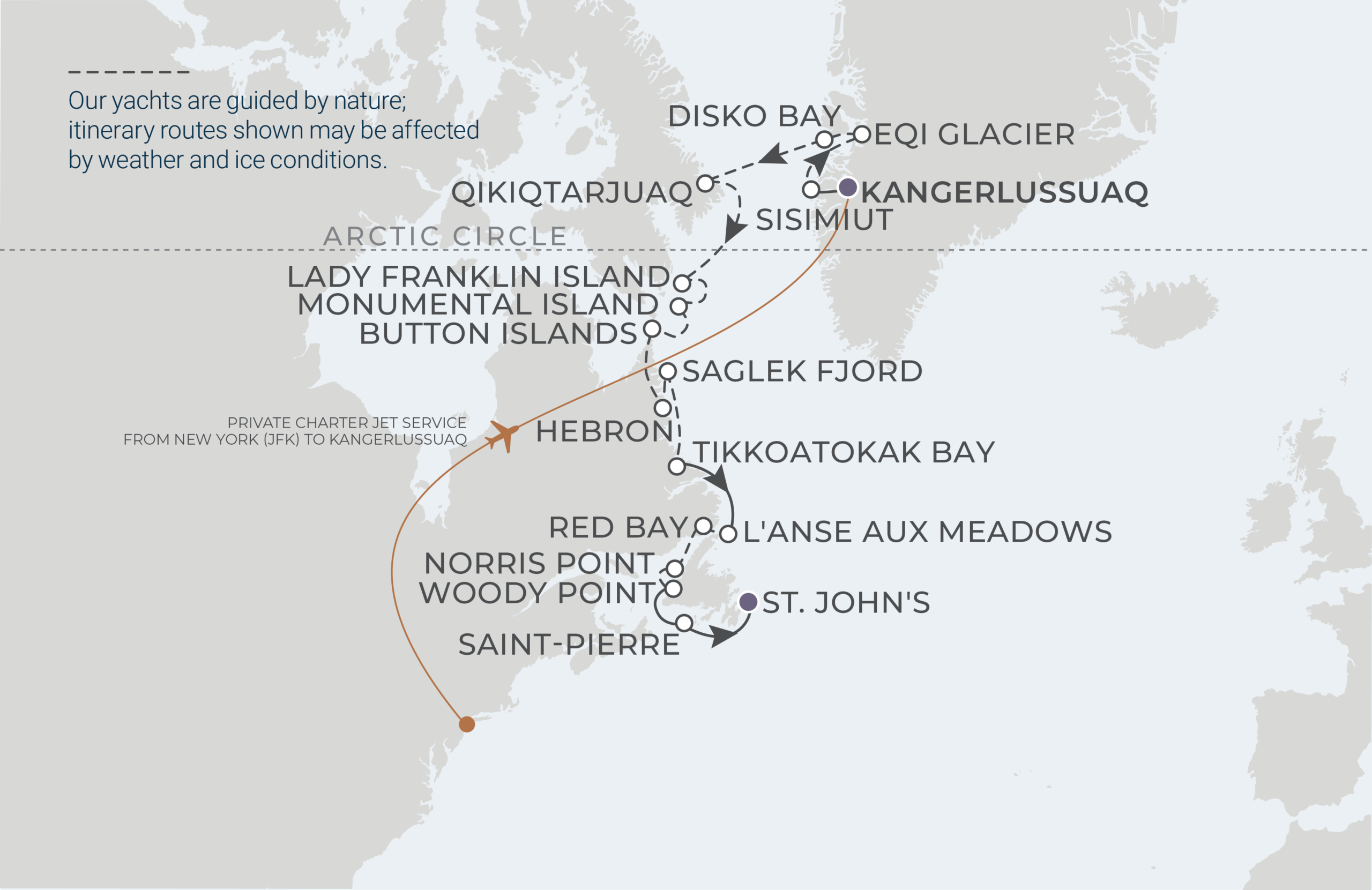 World Navigator Voyage WNA260921 September 21-October 8, 2026 itinerary route map from Kangerlussuaq, Greenland to St. John’s, Newfoundland, Canada