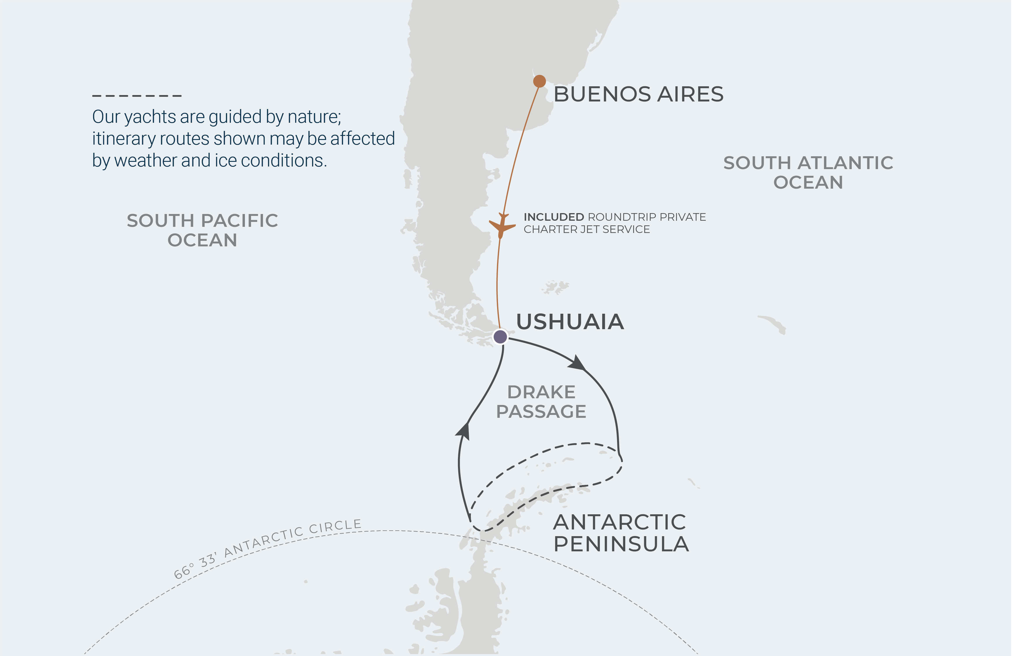 World Navigator Voyage WNA270205 February 5-14, 2027 itinerary route map from Ushuaia, Argentina to Ushuaia, Argentina