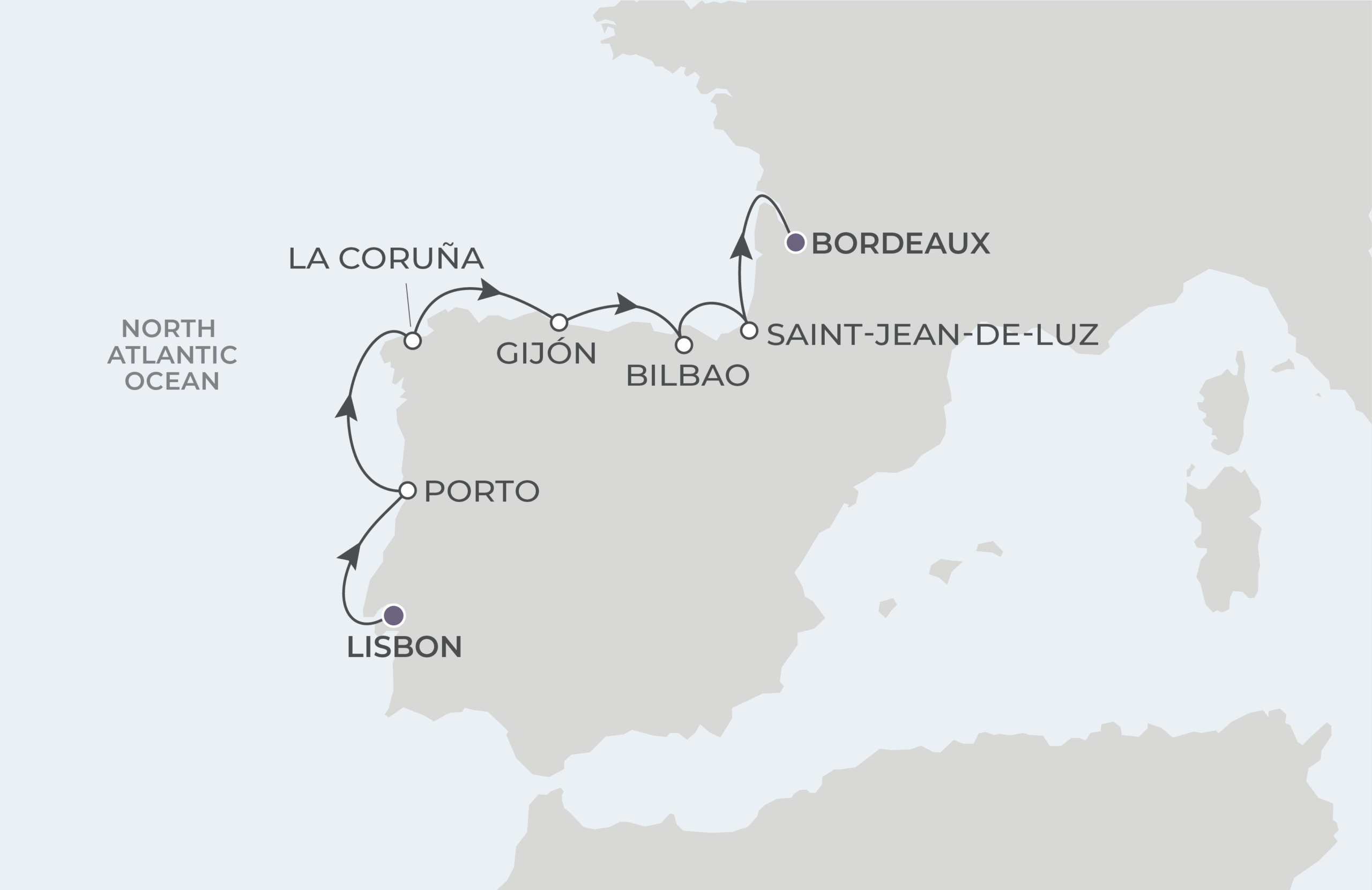 World Navigator Voyage WNA270507 May 7-14, 2027 itinerary route map from Lisbon, Portugal to Bordeaux, France