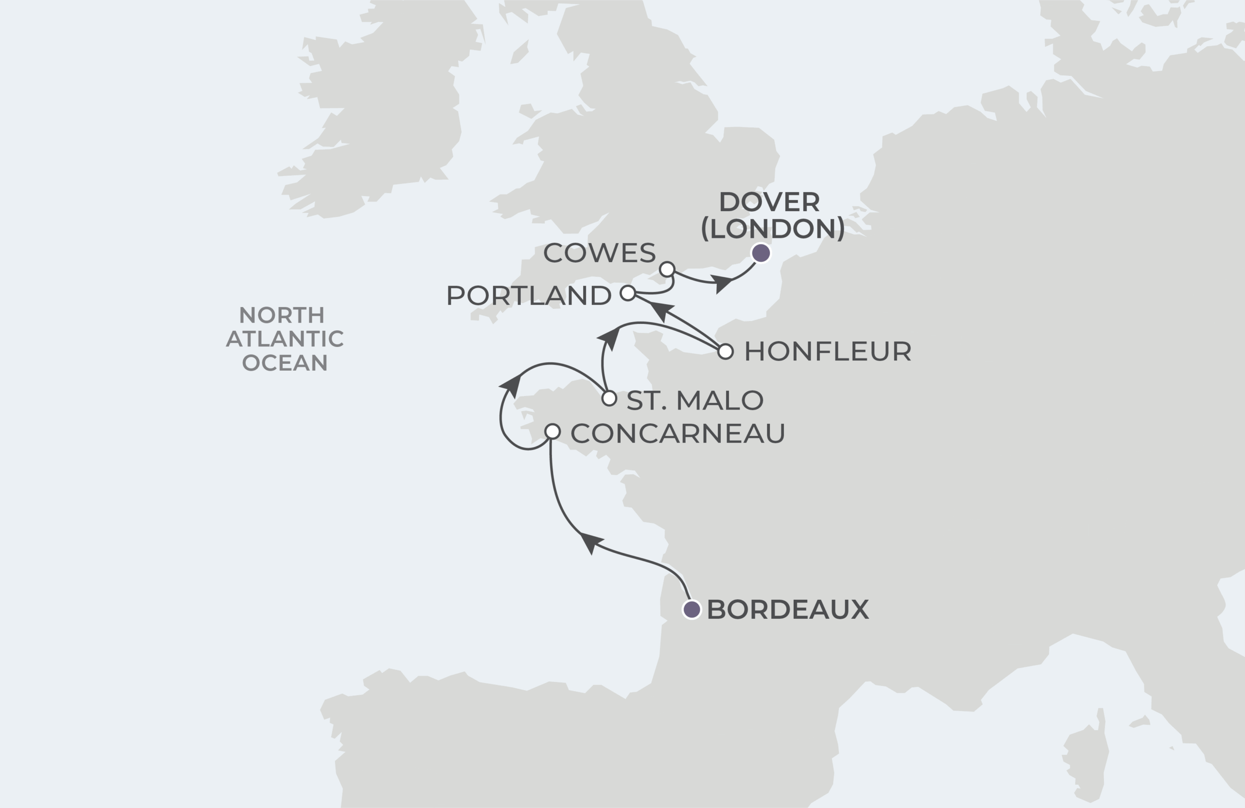 World Navigator Voyage WNA270514 May 14-23, 2027 itinerary route map from Bordeaux, France to Dover (London), England