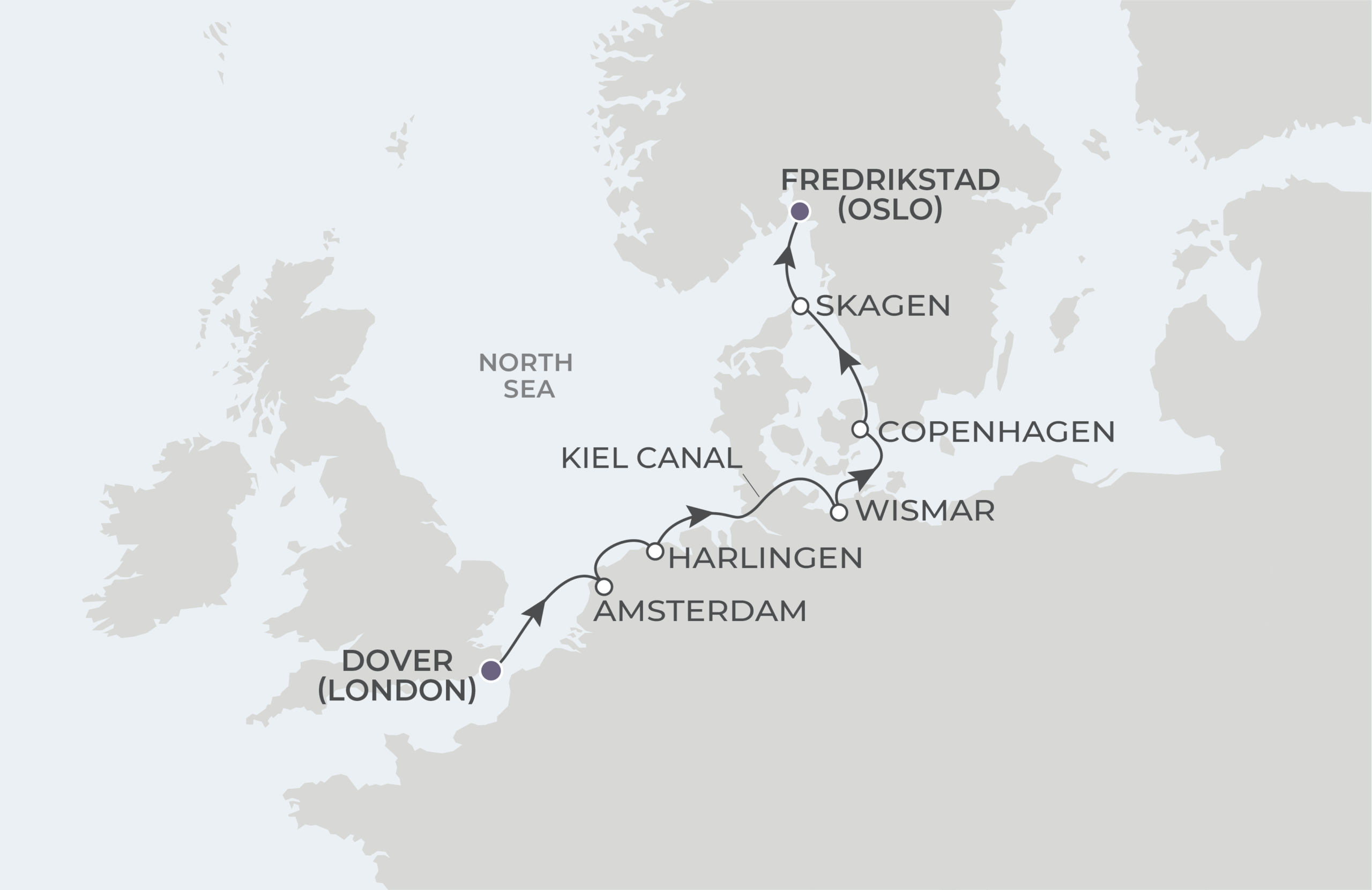 World Navigator Voyage WNA270523 May 23-June 1, 2027 itinerary route map from Dover (London), England to Fredrikstad (Oslo), Norway
