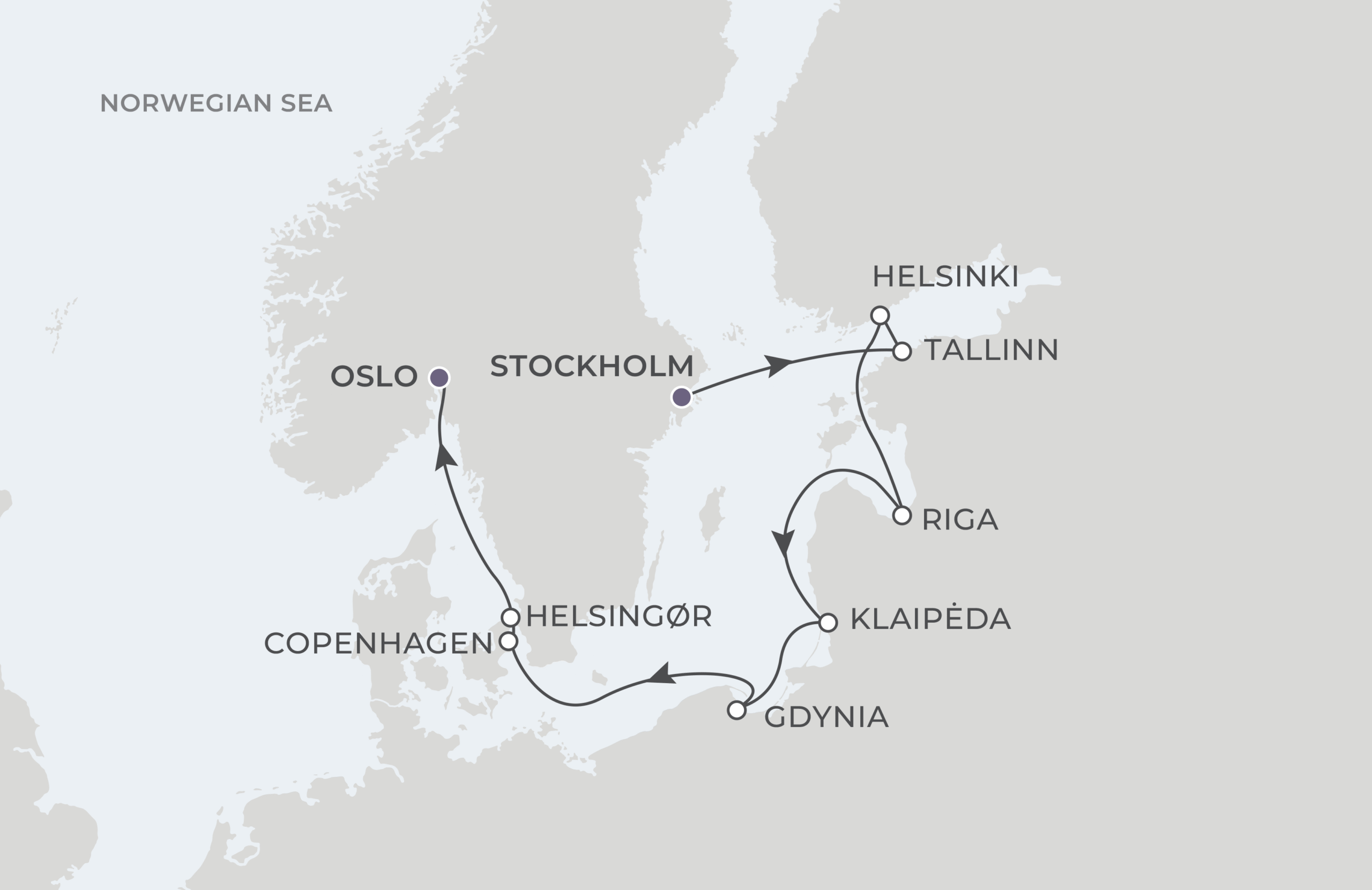 World Navigator Voyage WNA270610 June 10-19, 2027 itinerary route map from Stockholm, Sweden to Oslo, Norway