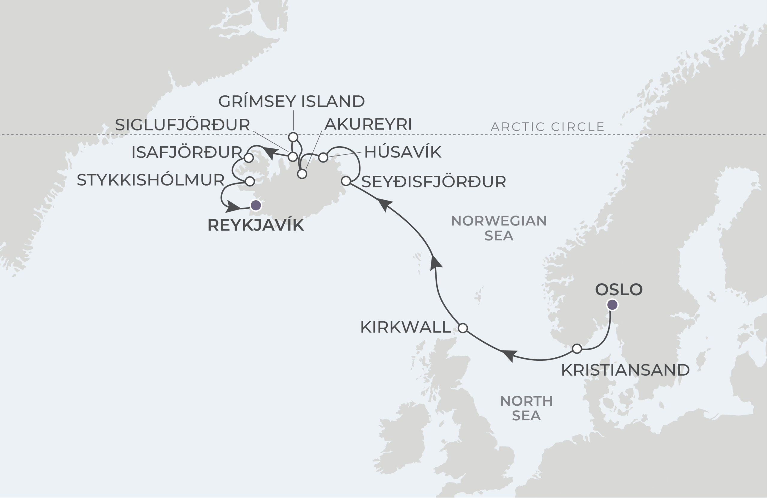 World Navigator Voyage WNA270619 June 19-30, 2027 itinerary route map from Oslo, Norway to Reykjavík, Iceland