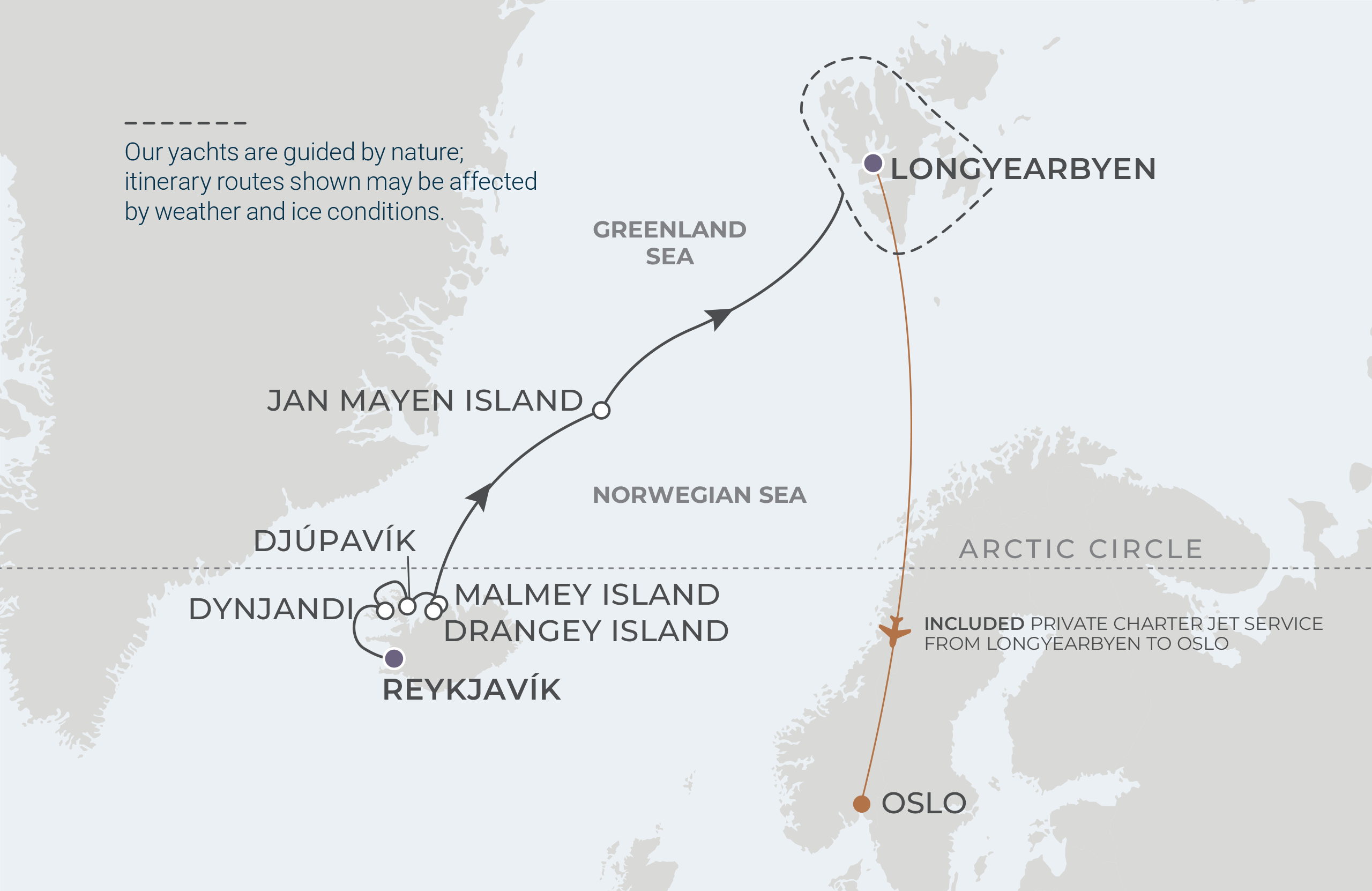 World Navigator Voyage WNA270630 June 30-July 10, 2027 itinerary route map from Reykjavík, Iceland to Longyearbyen (Svalbard), Norway