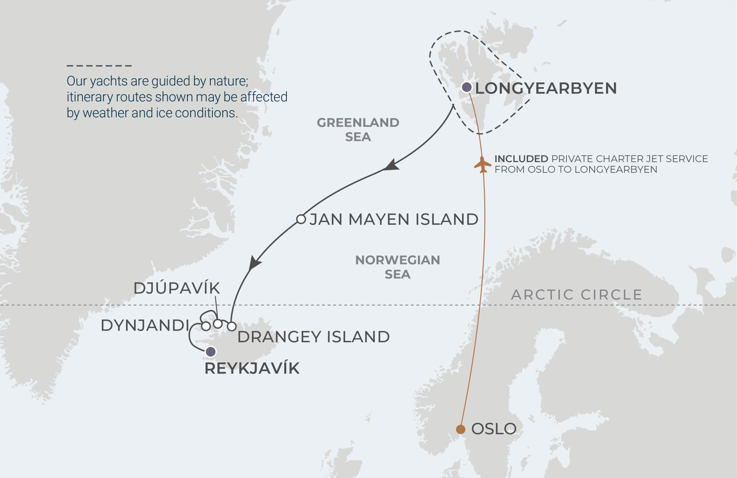 World Navigator Voyage WNA270710 July 10-20, 2027 itinerary route map from Longyearbyen (Svalbard), Norway to Reykjavík, Iceland