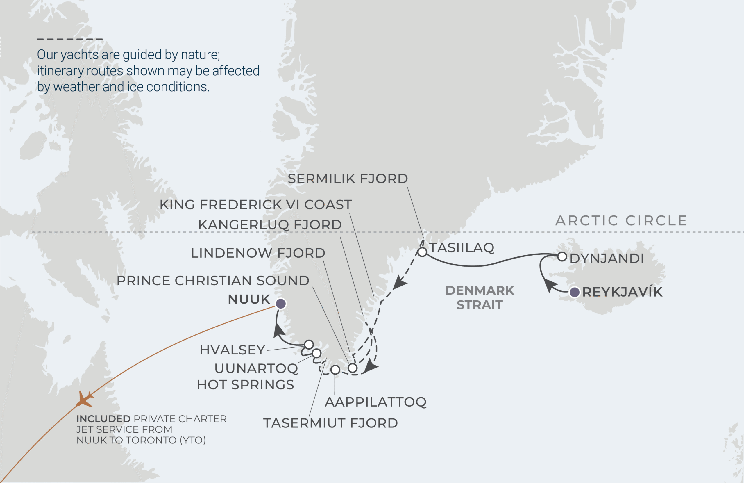 World Navigator Voyage WNA270720 July 20-30, 2027 itinerary route map from Reykjavík, Iceland to Nuuk, Greenland