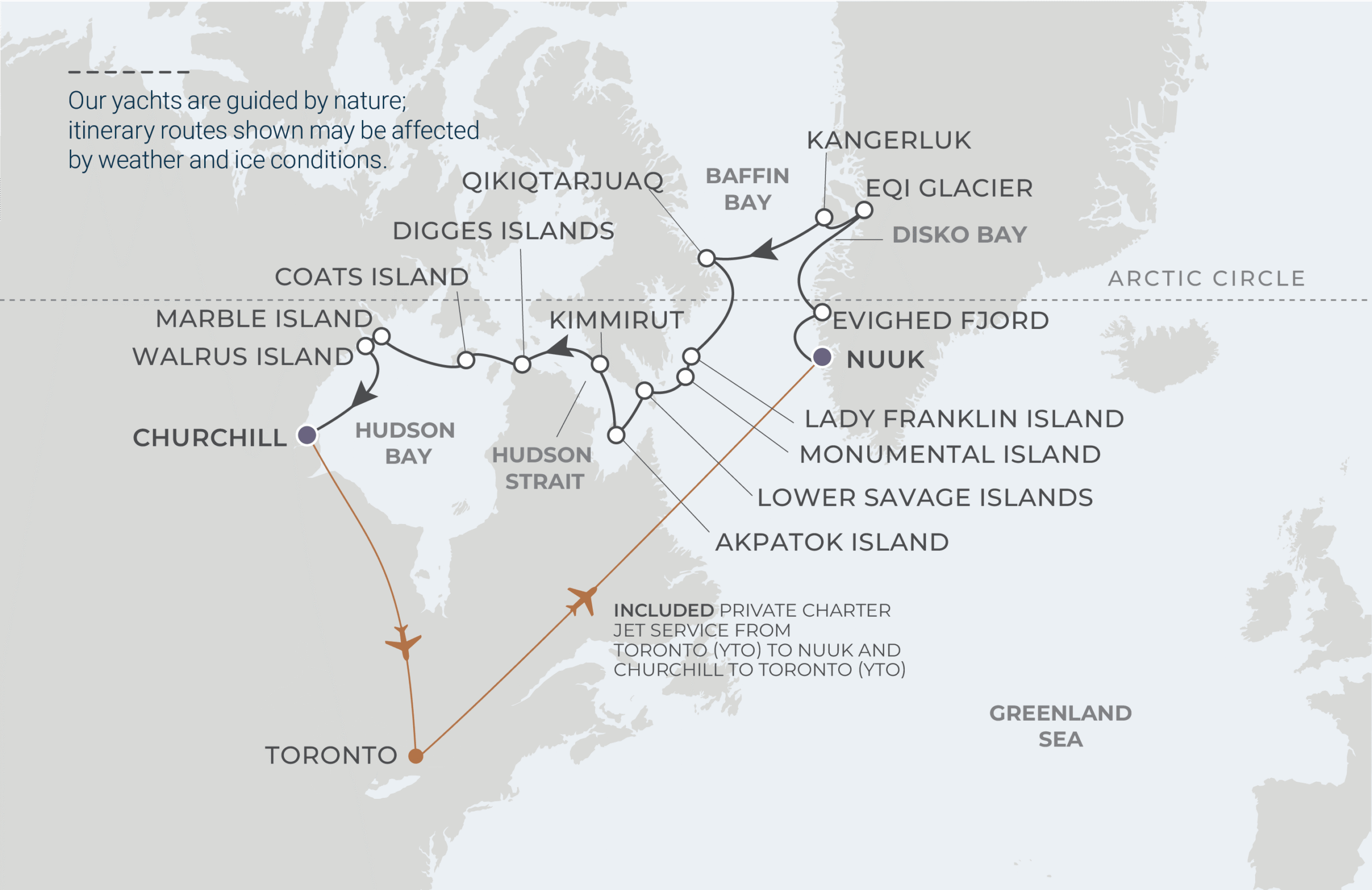 World Navigator Voyage WNA270730 July 30-August 15, 2027 itinerary route map from Nuuk, Greenland to Churchill, Manitoba, Canada