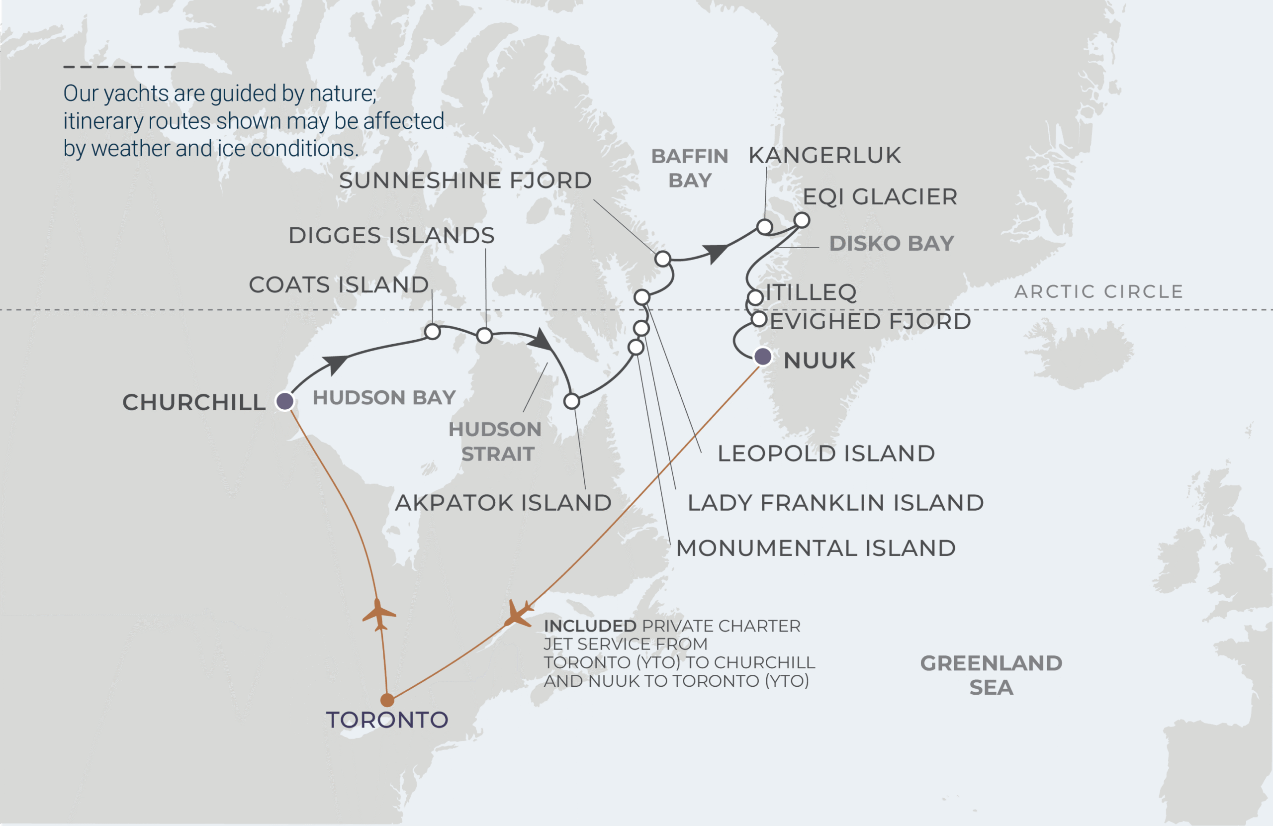 World Navigator Voyage WNA270815 August 15-29, 2027 itinerary route map from Churchill, Manitoba, Canada to Nuuk, Greenland