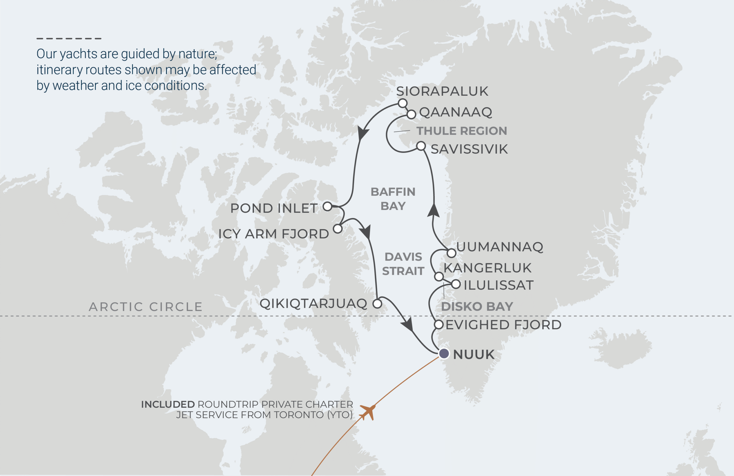 World Navigator Voyage WNA270829 August 29-September 13, 2027 itinerary route map from Nuuk, Greenland to Nuuk, Greenland