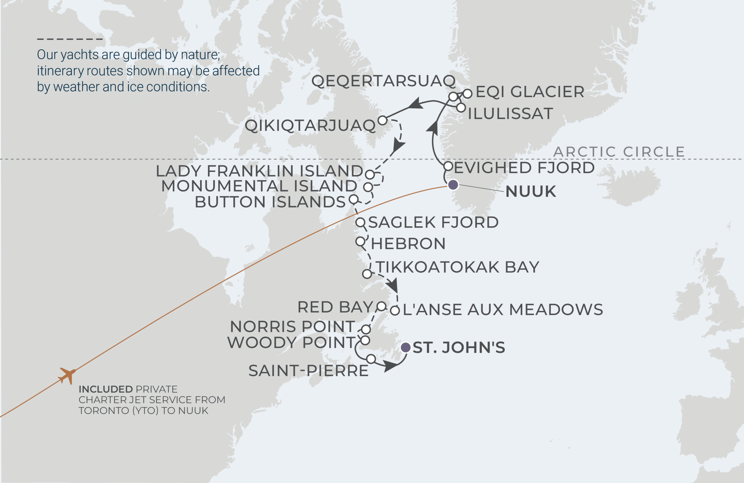 World Navigator Voyage WNA270913 September 13-30, 2027 itinerary route map from Nuuk, Greenland to St. John’s, Newfoundland, Canada