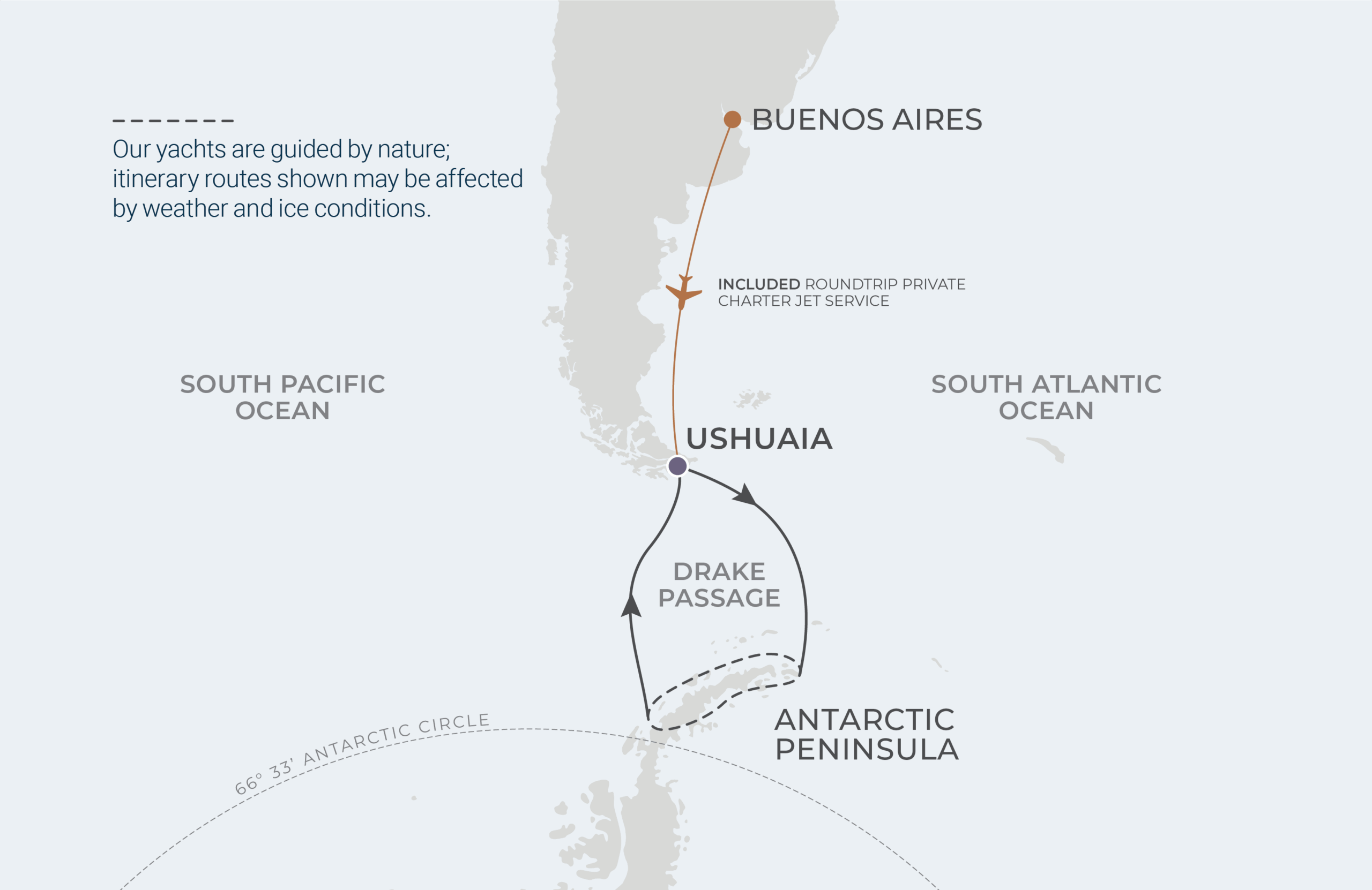 World Navigator Voyage WNA271110 November 10-19, 2027 itinerary route map from Ushuaia, Argentina to Ushuaia, Argentina