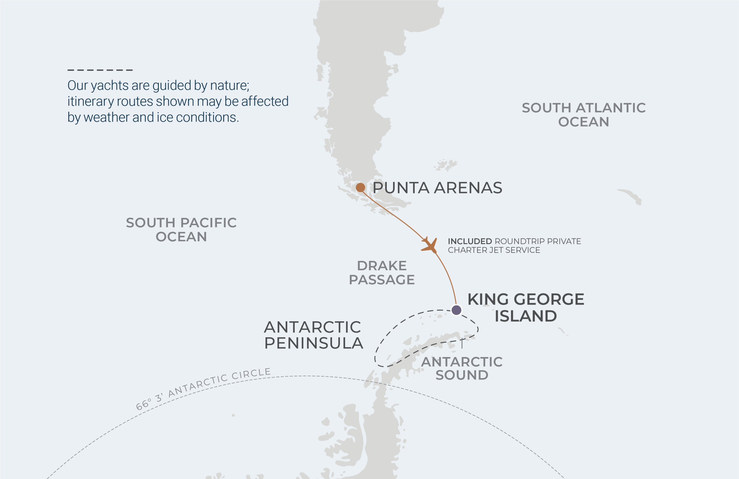 World Navigator Voyage WNA271205 December 5-12, 2027 itinerary route map from King George Island, South Shetland Islands to King George Island, South Shetland Islands