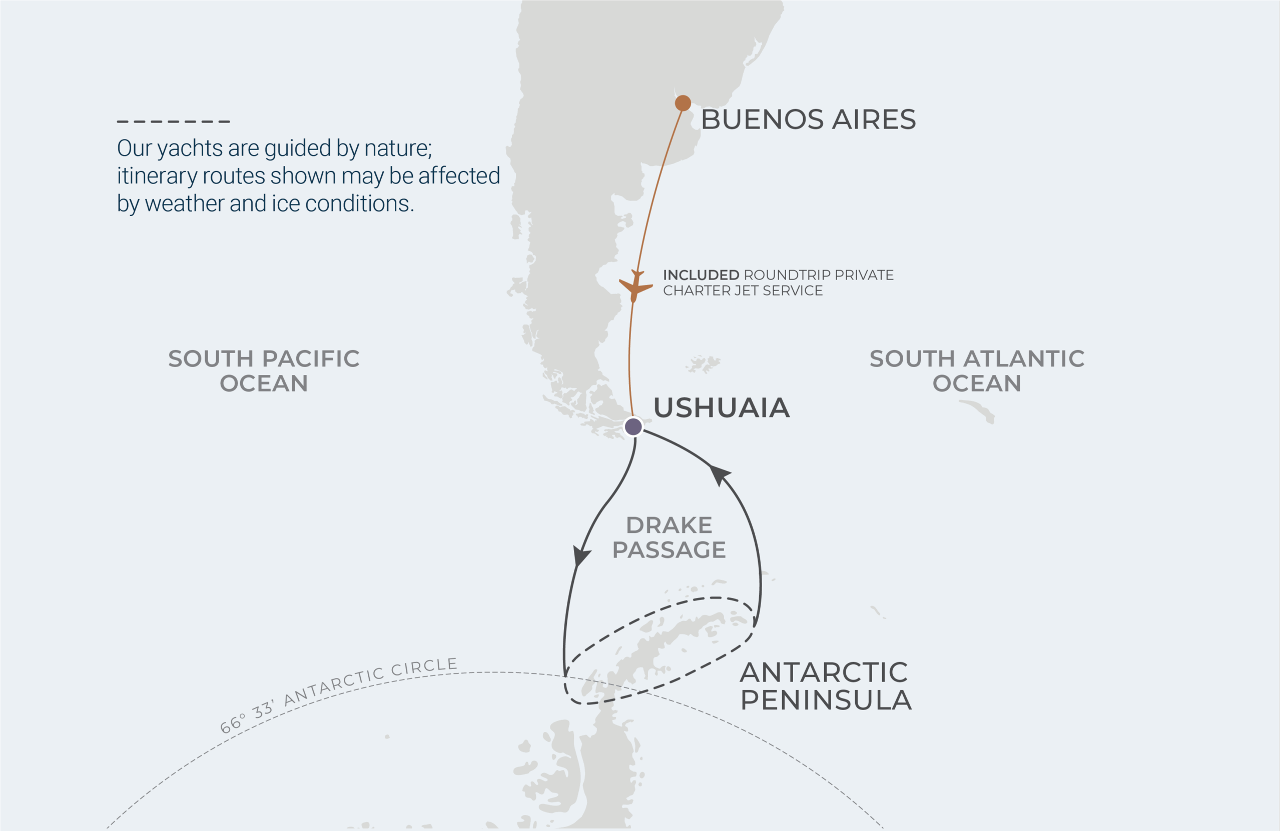 World Navigator Voyage WNA280203 February 3-15, 2028 itinerary route map from Ushuaia, Argentina to Ushuaia, Argentina