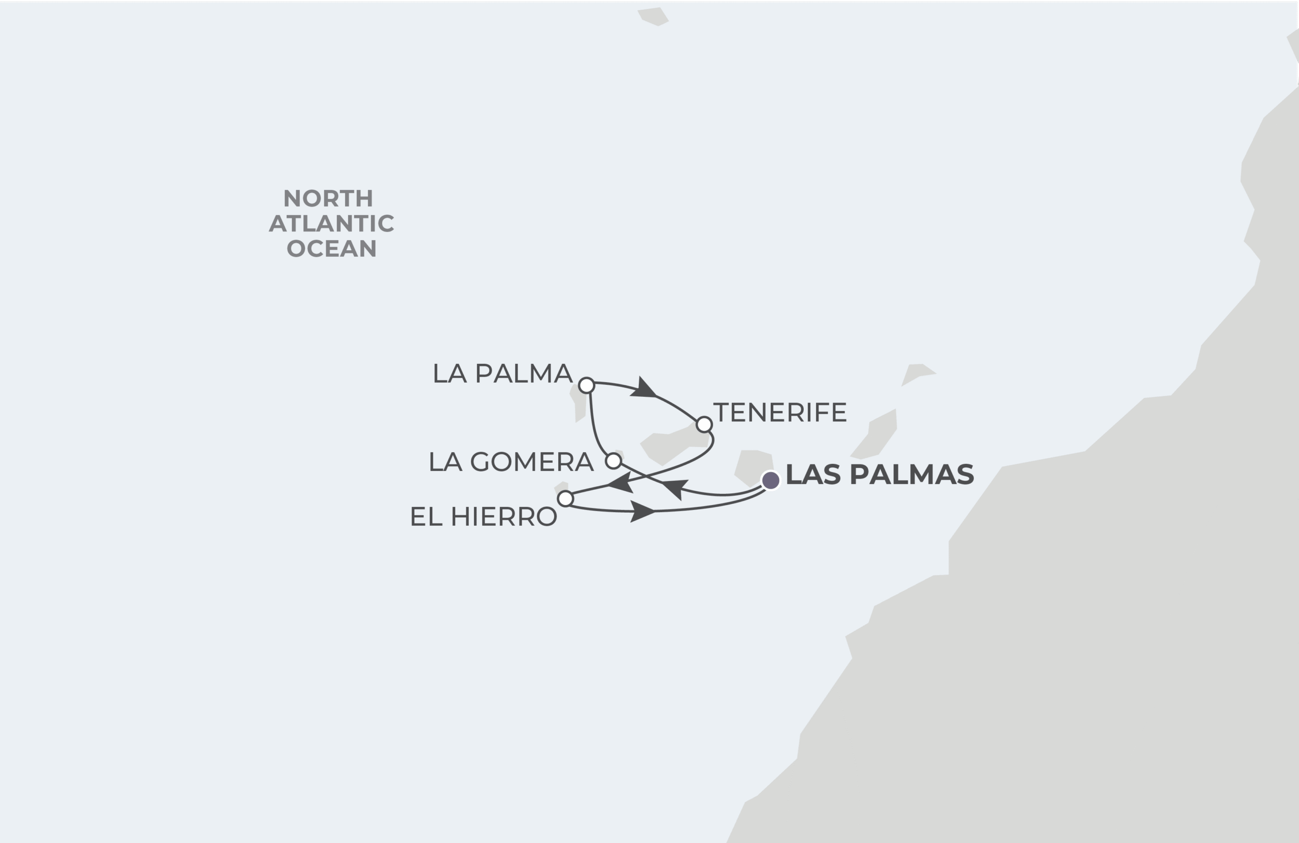 World Navigator Voyage WNA280407 April 7-14, 2028 itinerary route map from Las Palmas (Gran Canaria), Canary Islands, Spain to Las Palmas (Gran Canaria), Canary Islands, Spain