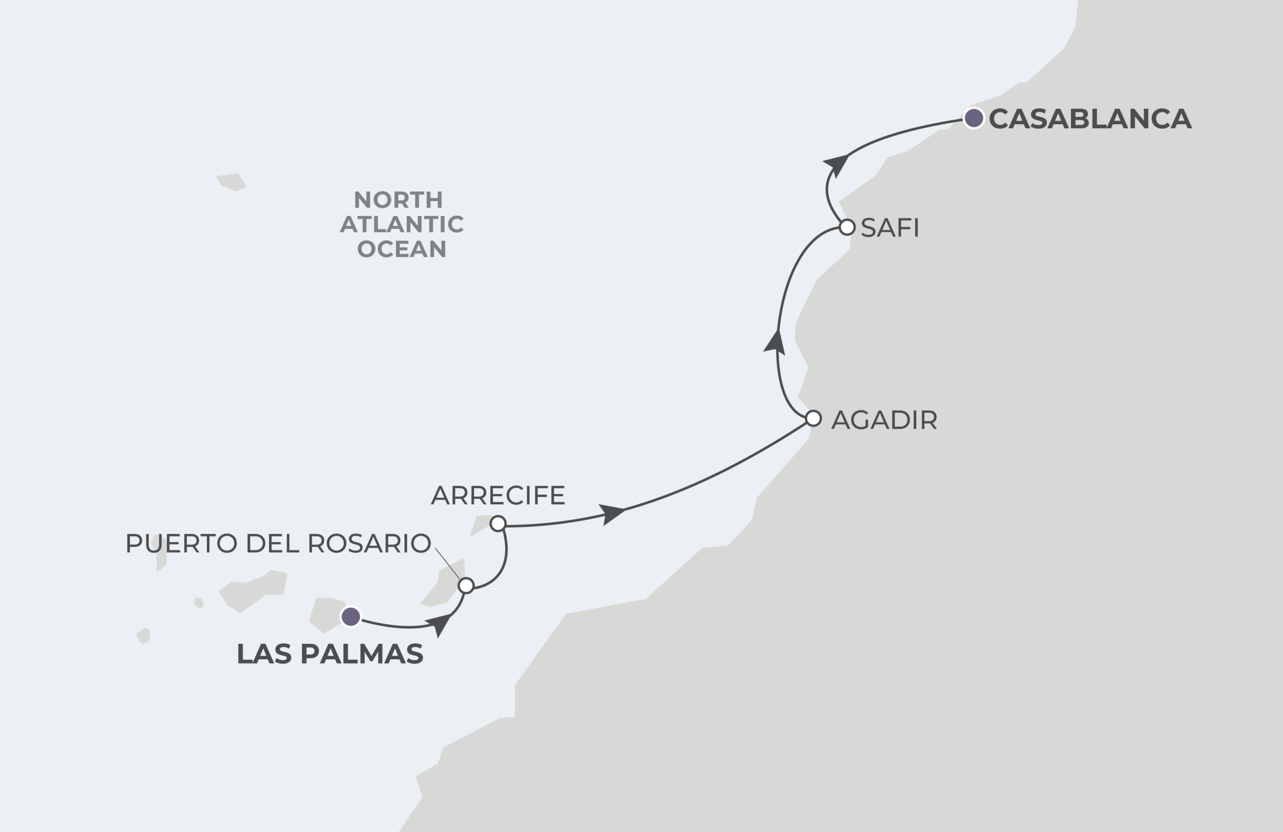 World Navigator Voyage WNA280414 April 14-21, 2028 itinerary route map from Las Palmas (Gran Canaria), Canary Islands, Spain to Casablanca, Morocco