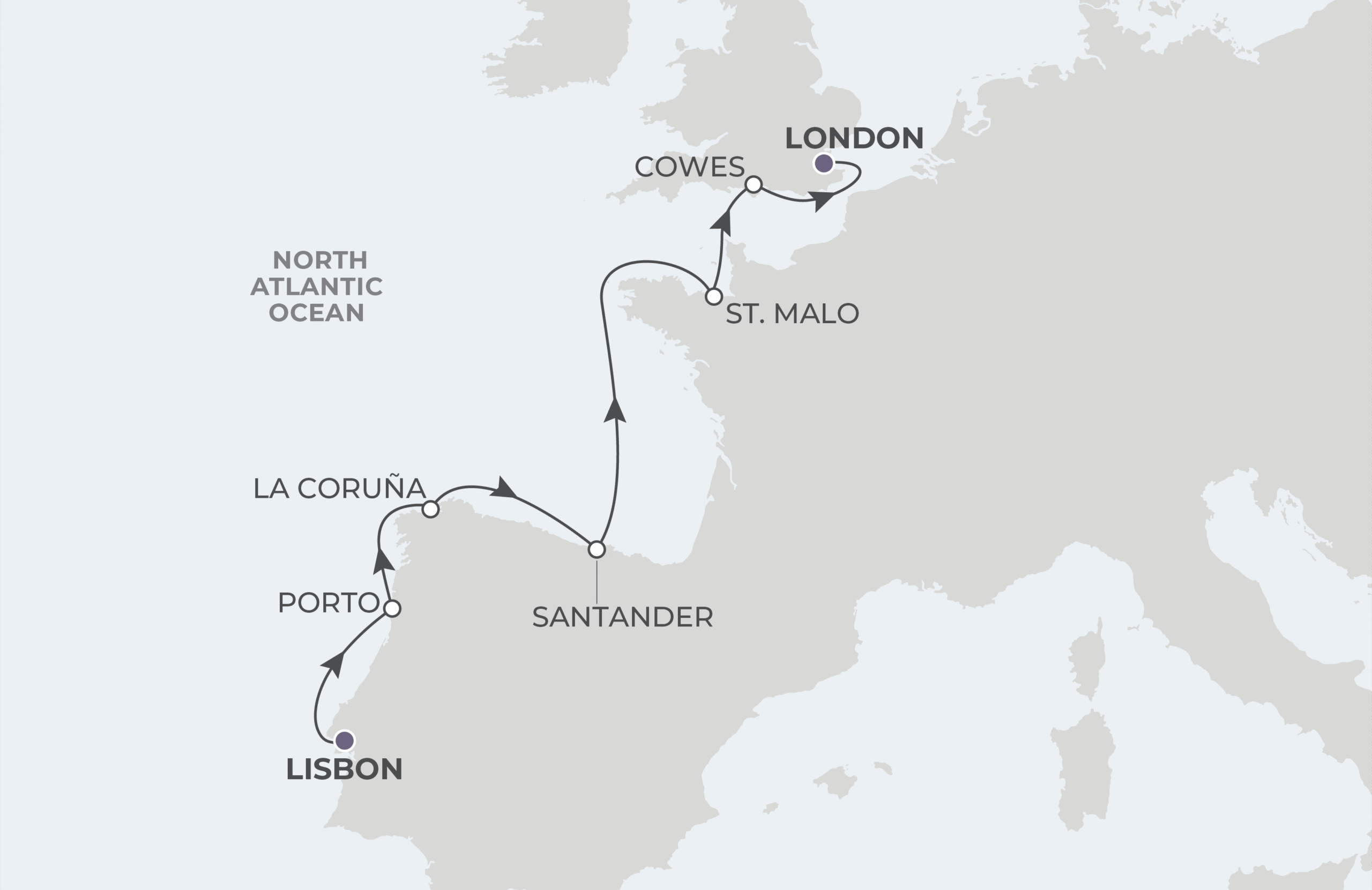 World Navigator Voyage WNA280429 April 29-May 7, 2028 itinerary route map from Lisbon, Portugal to London (Tower Bridge), England