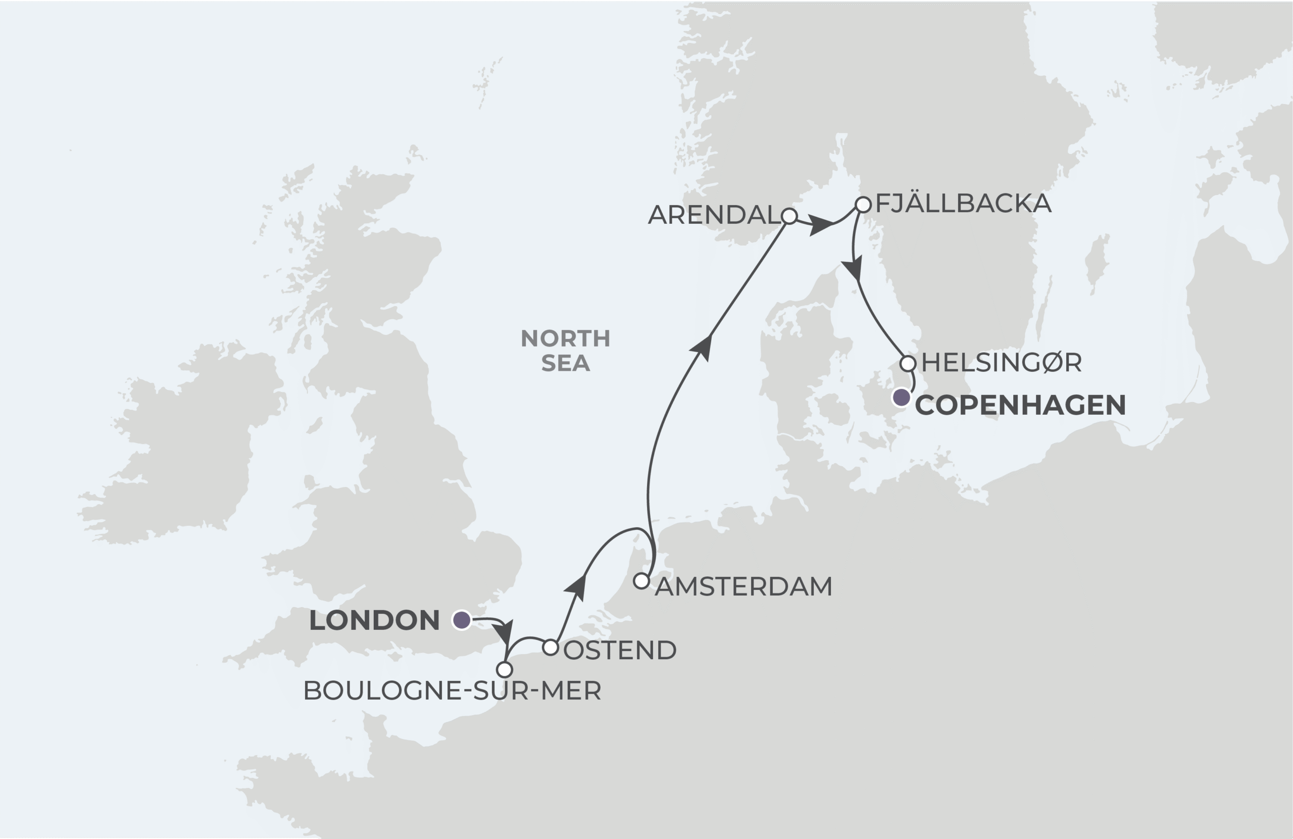 World Navigator Voyage WNA280507 May 7-15, 2028 itinerary route map from London (Tower Bridge), England to Copenhagen, Denmark