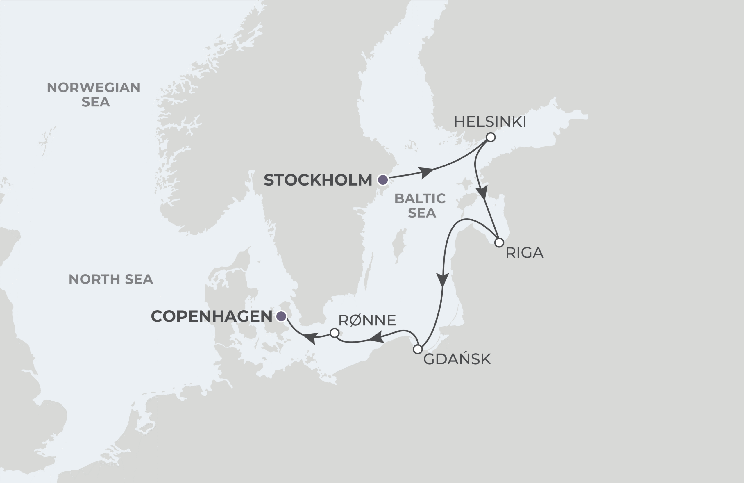 World Navigator Voyage WNA280525 May 25-June 2, 2028 itinerary route map from Stockholm, Sweden to Copenhagen, Denmark