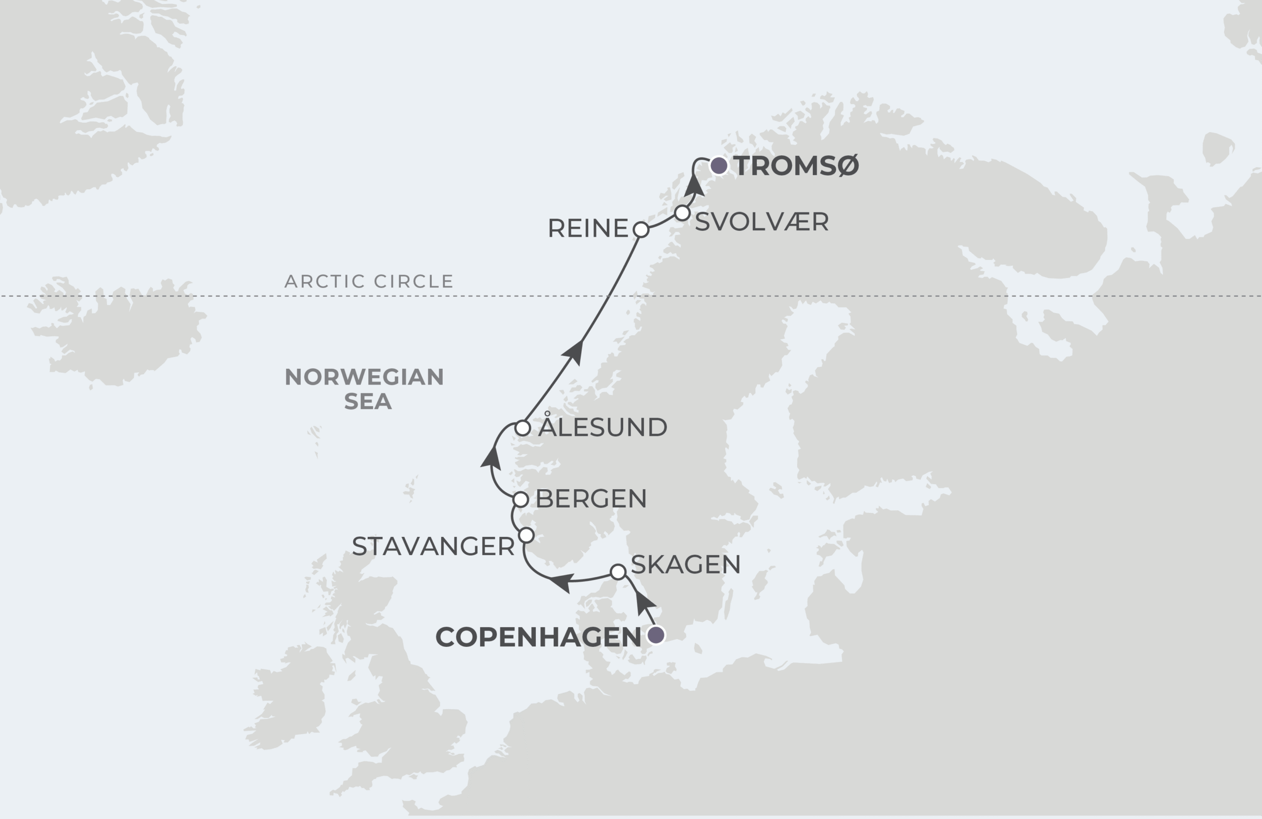 World Navigator Voyage WNA280602 June 2-10, 2028 itinerary route map from Copenhagen, Denmark to Tromsø, Norway