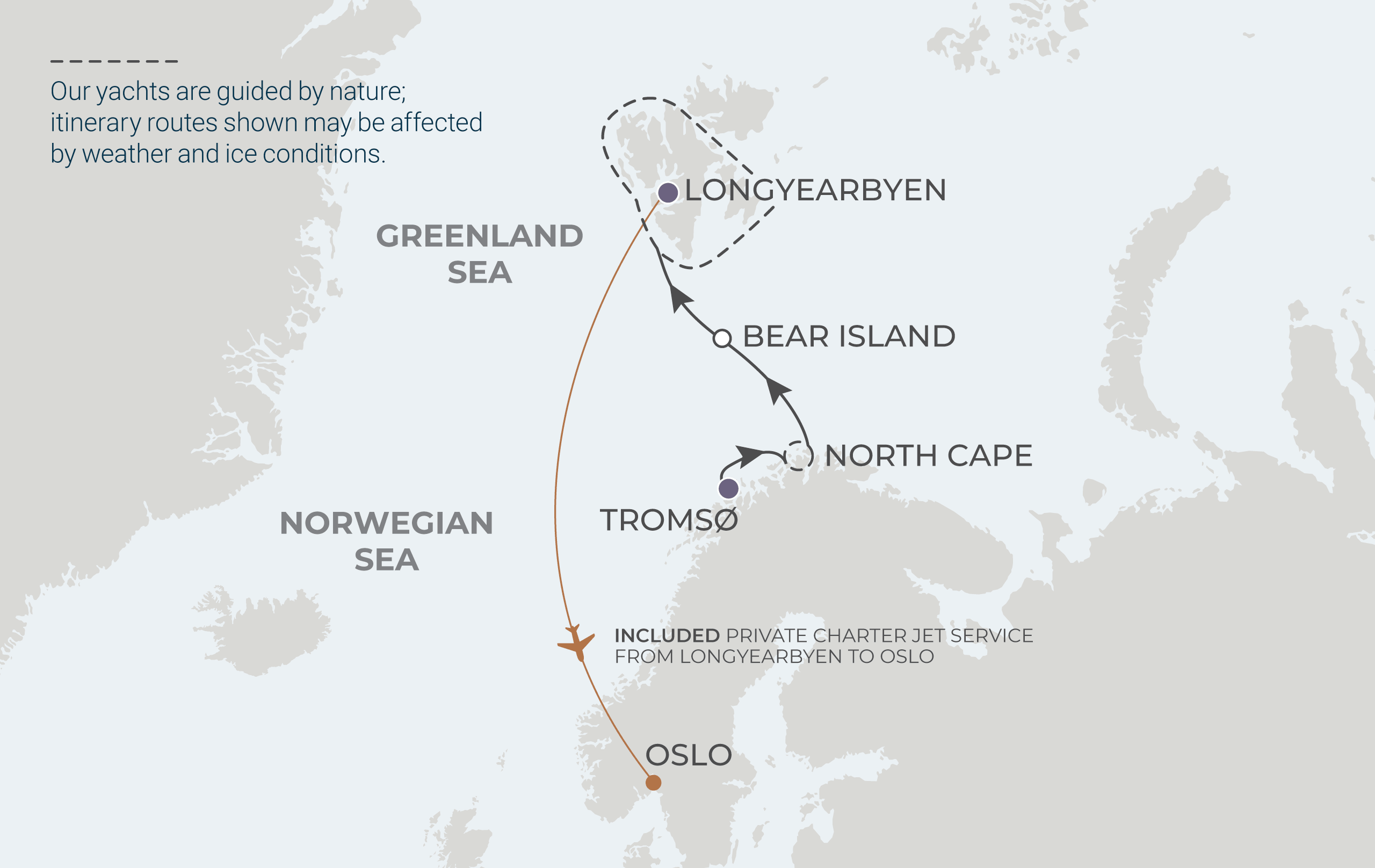 World Navigator Voyage WNA280610 June 10-17, 2028 itinerary route map from Tromsø, Norway to Longyearbyen (Svalbard), Norway