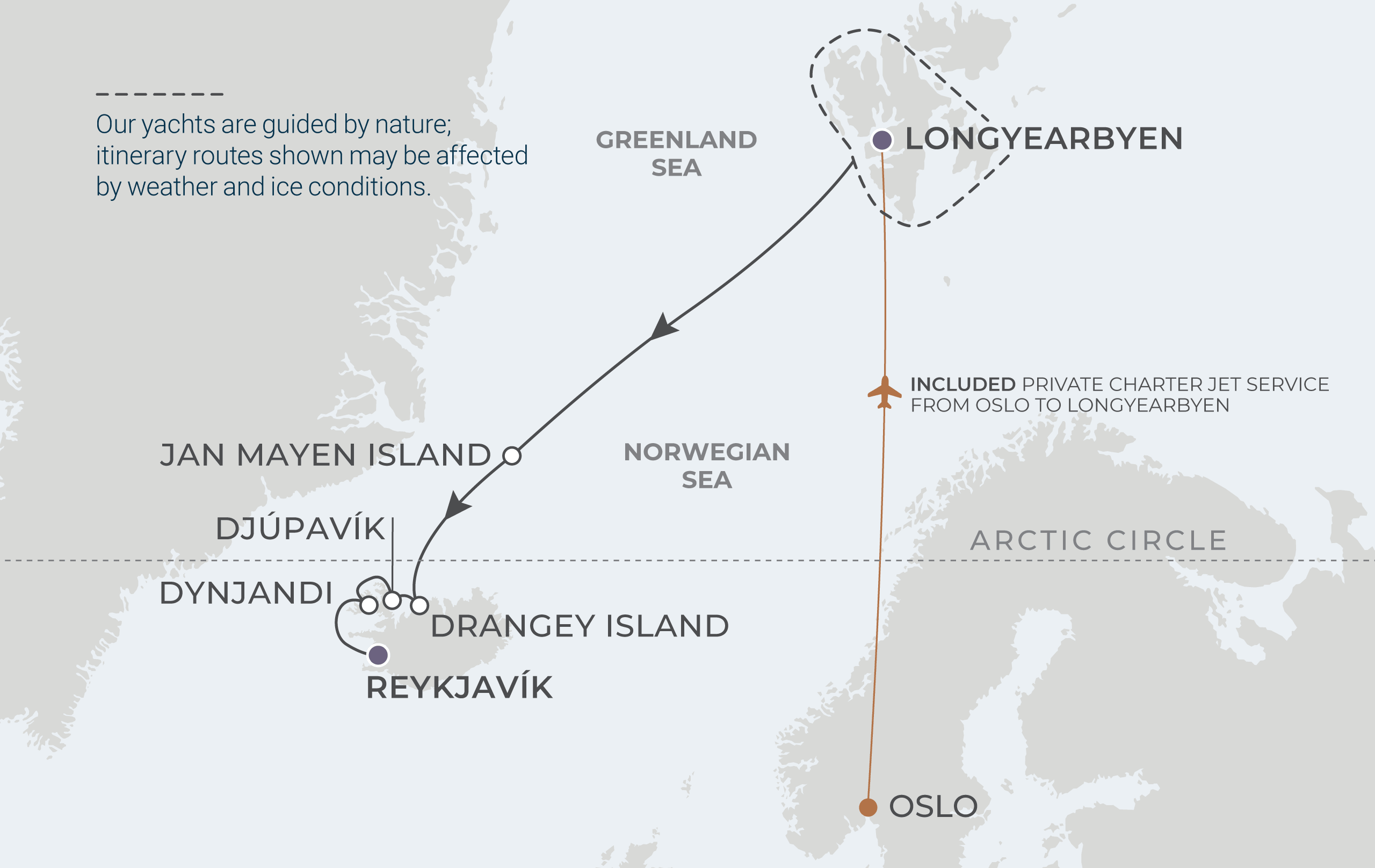 World Navigator Voyage WNA280617 June 17-27, 2028 itinerary route map from Longyearbyen (Svalbard), Norway to Reykjavík, Iceland